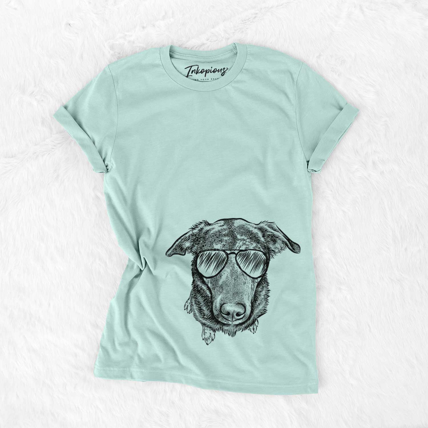 Hand-drawn sketch of Echo the Pitbull Beagle Mix wearing aviator sunglasses on a Heather Sage Unisex crewneck
