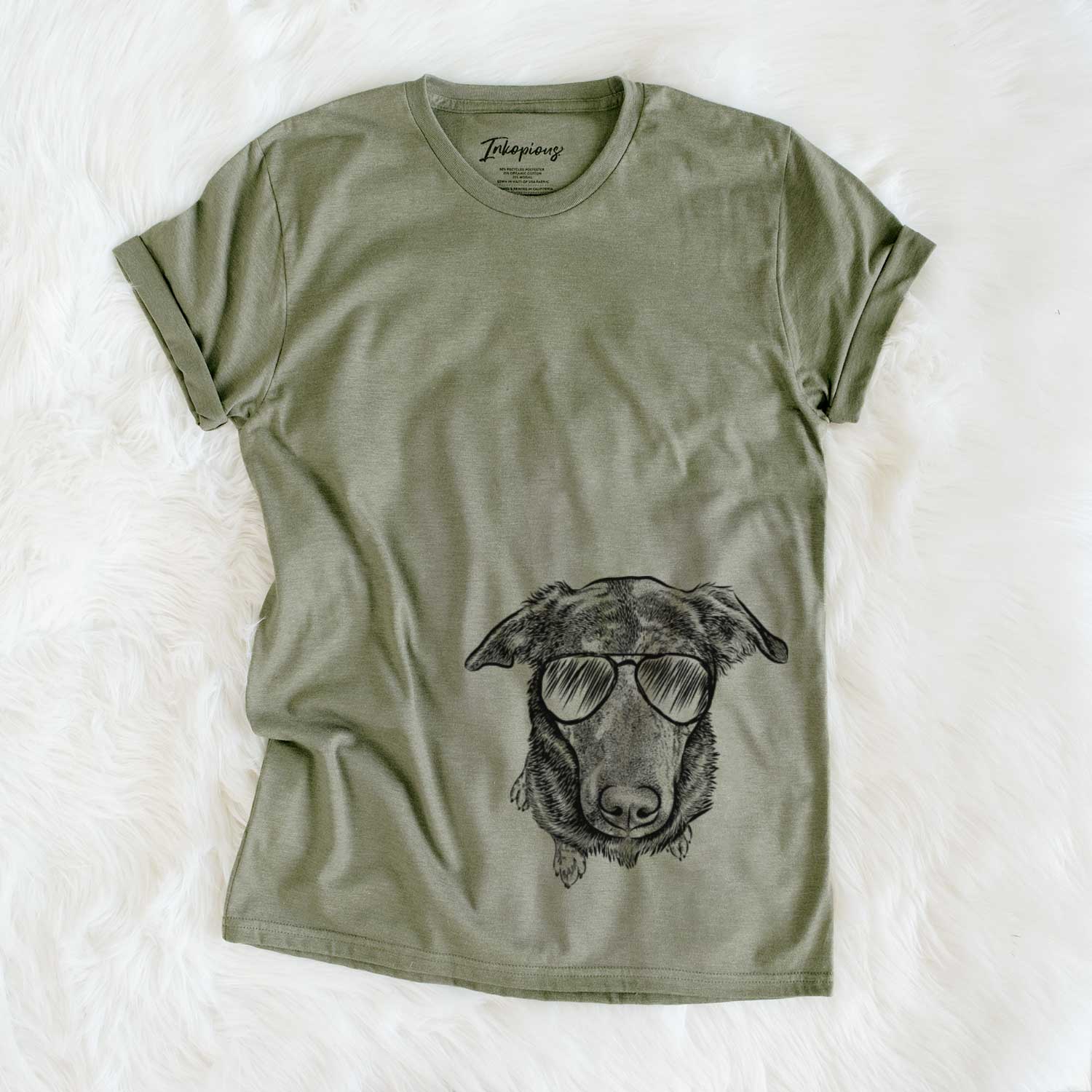 Hand-drawn sketch of Echo the Pitbull Beagle Mix wearing aviator sunglasses on an Olive Unisex crewneck