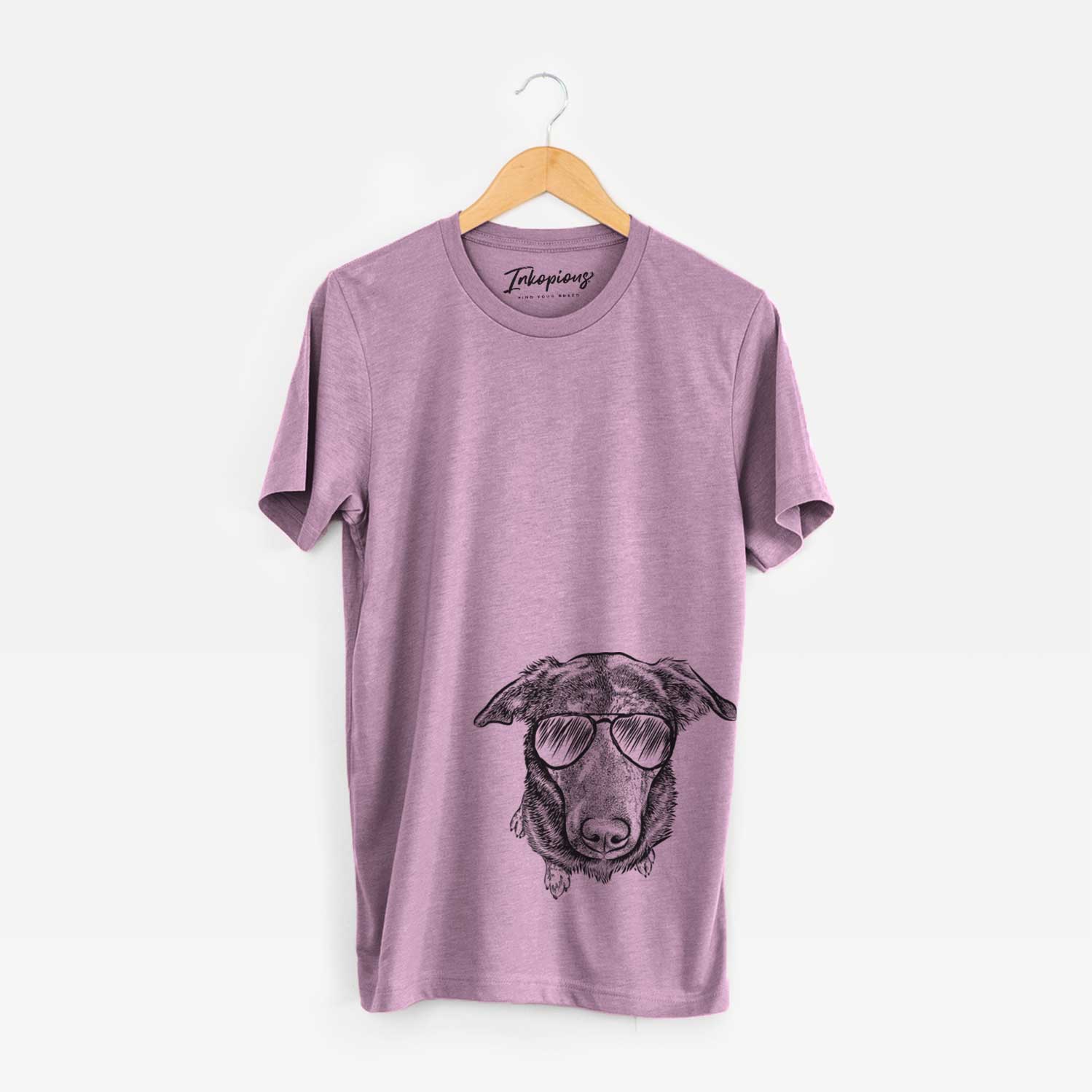 Hand-drawn sketch of Echo the Pitbull Beagle Mix wearing aviator sunglasses on an Orchid Unisex crewneck