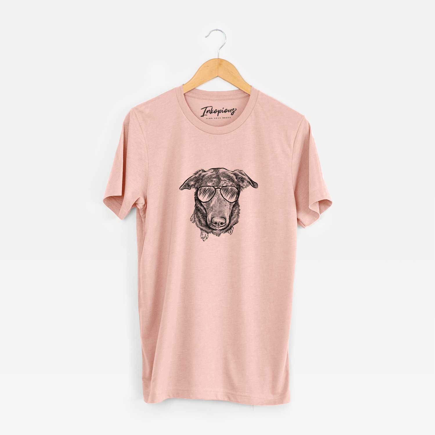 Hand-drawn sketch of Echo the Pitbull Beagle Mix wearing aviator sunglasses on a Peach Unisex crewneck