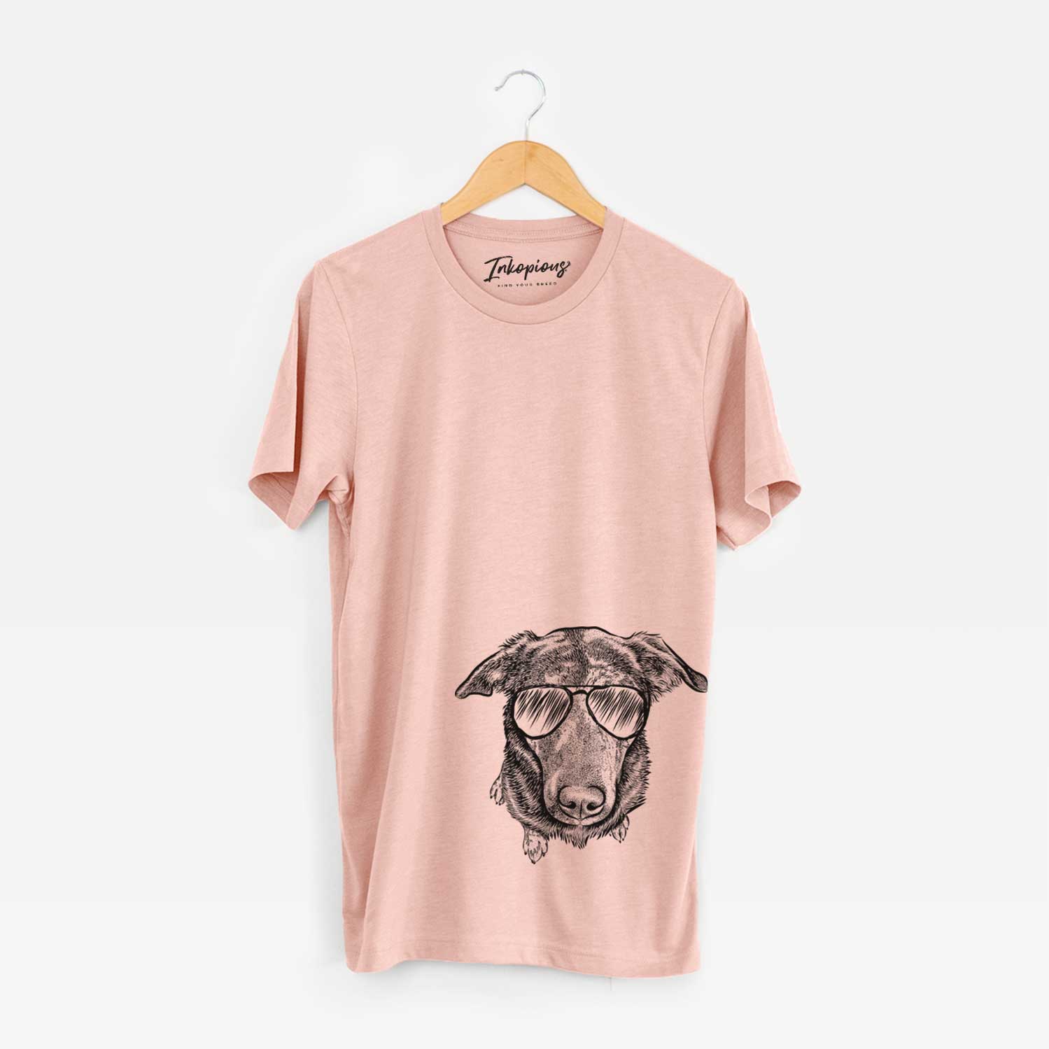 Hand-drawn sketch of Echo the Pitbull Beagle Mix wearing aviator sunglasses on a Peach Unisex crewneck