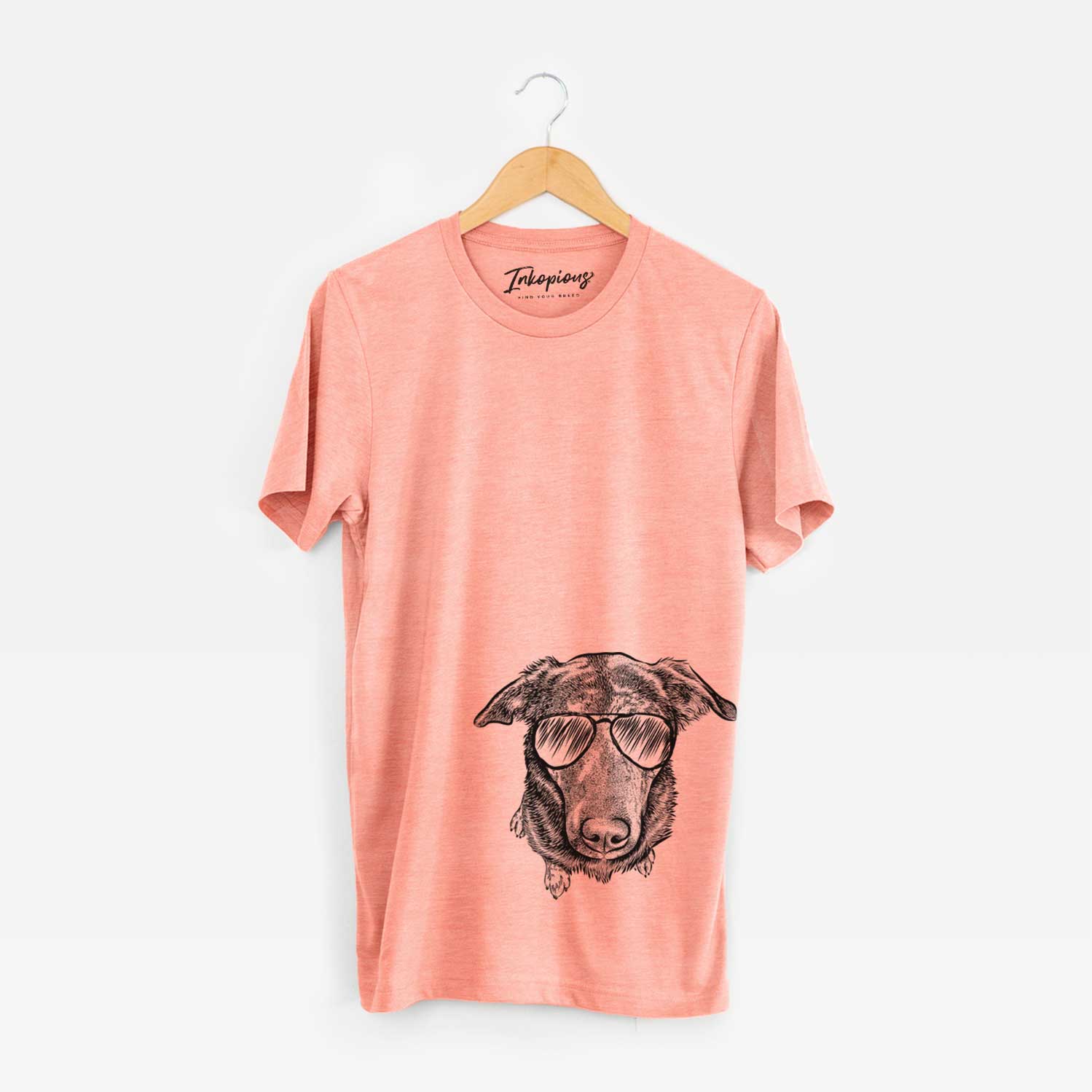 Hand-drawn sketch of Echo the Pitbull Beagle Mix wearing aviator sunglasses on a Sunset Unisex crewneck