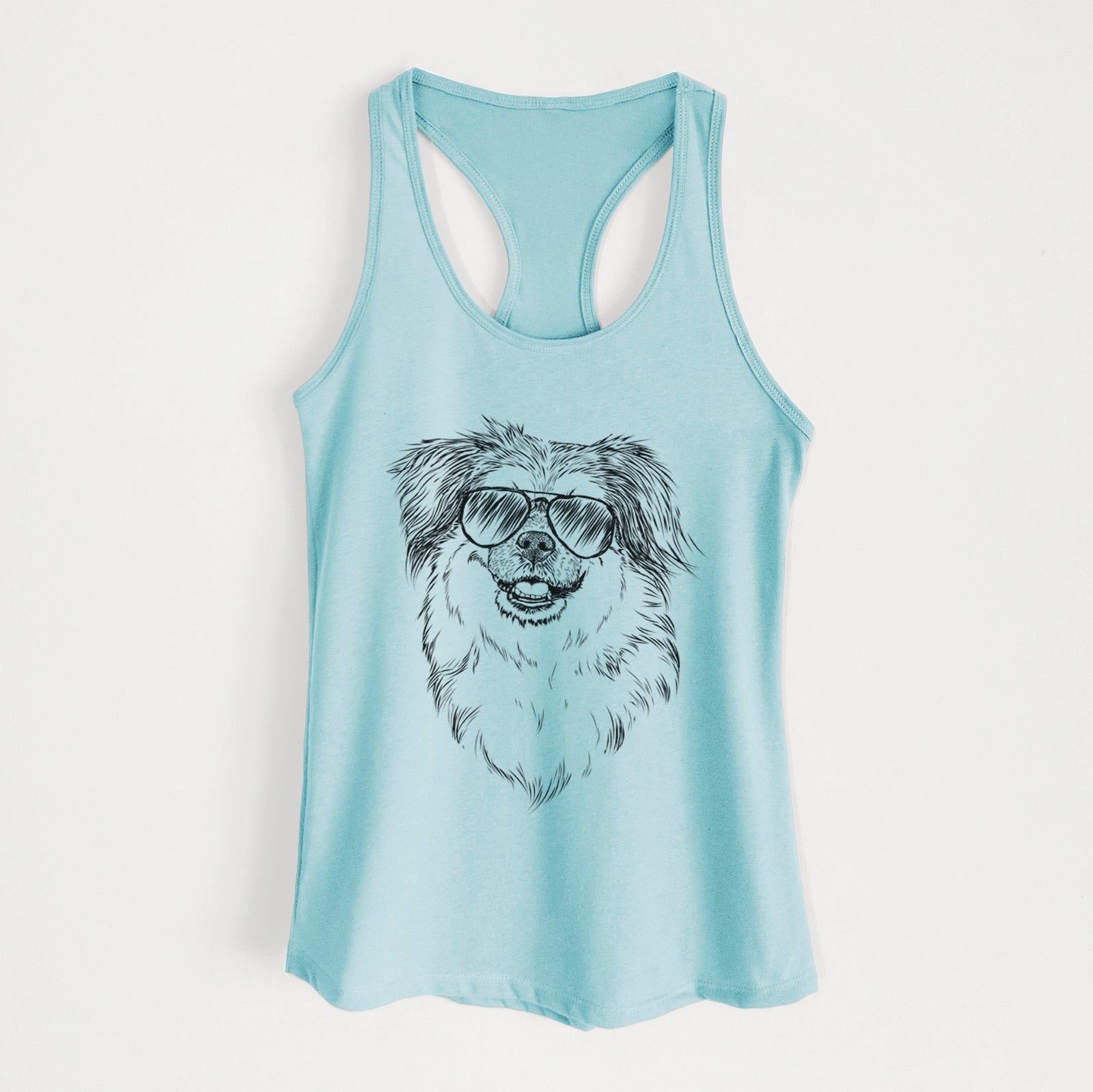 Hand-drawn sketch of Ed the Tibetan Spaniel wearing aviator sunglasses on a Cancun Blue Women's racerback tanktop
