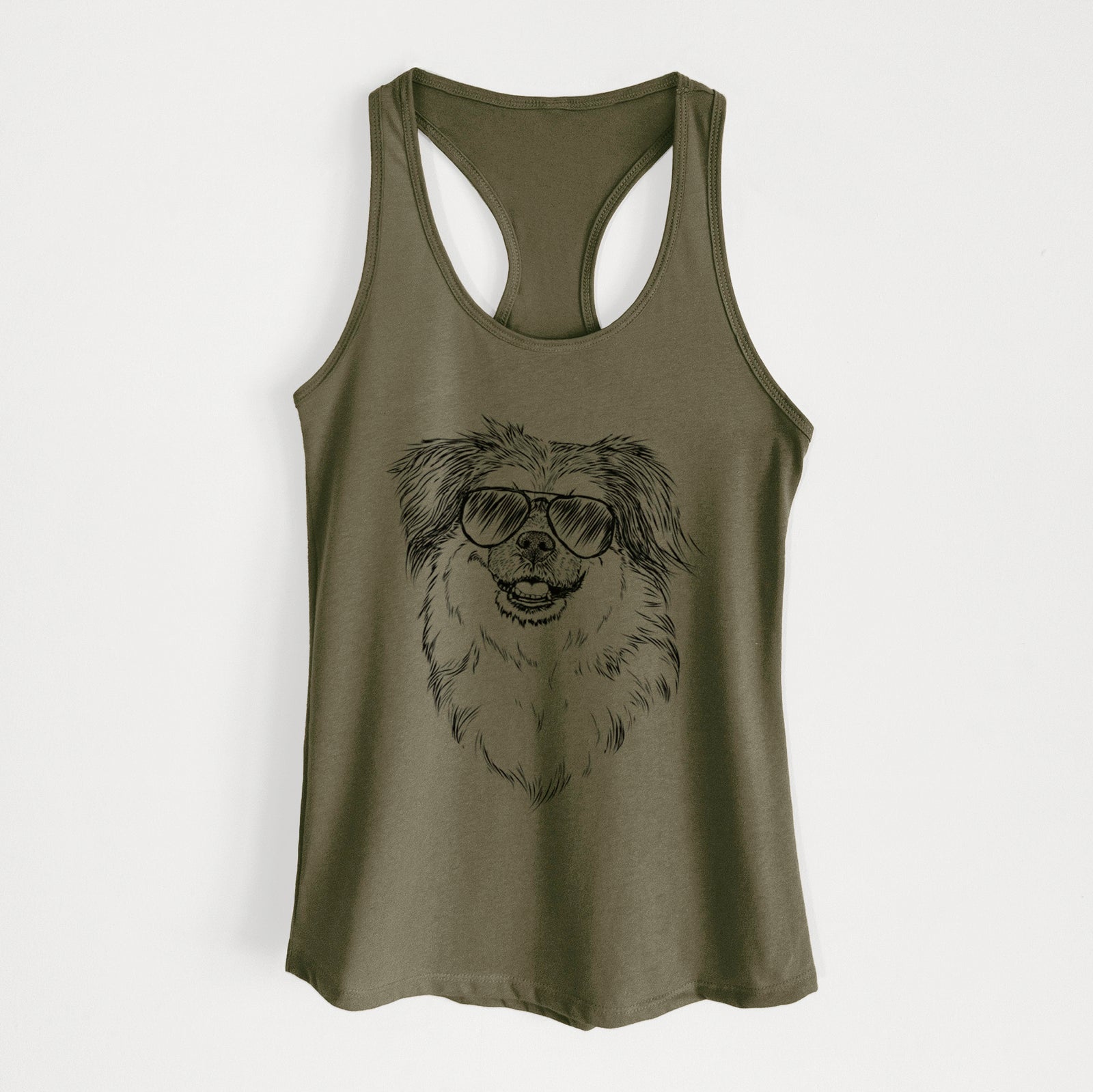 Hand-drawn sketch of Ed the Tibetan Spaniel wearing aviator sunglasses on a Military Green Women's racerback tanktop