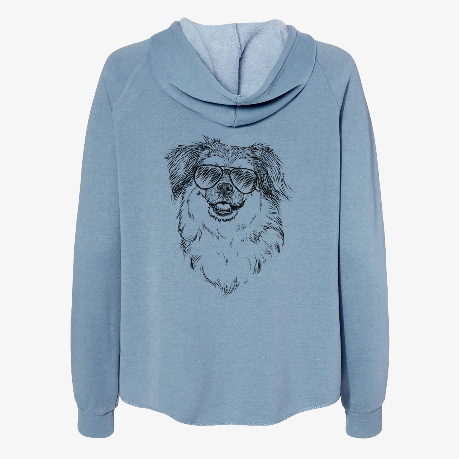 Hand-drawn sketch of Ed the Tibetan Spaniel wearing aviator sunglasses on a Misty Blue Women's cali wave zip-up sweatshirt