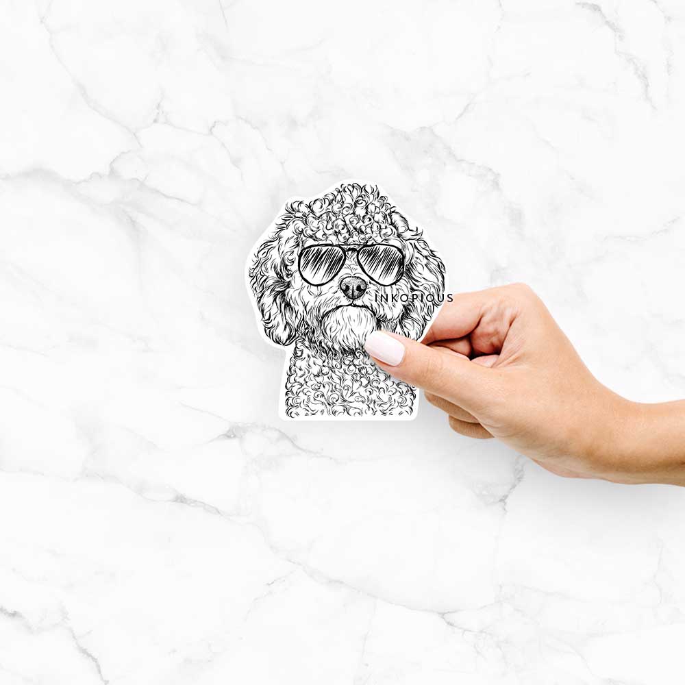 Hand-drawn sketch of Edgar the Shihpoo wearing aviator sunglasses on a decal sticker