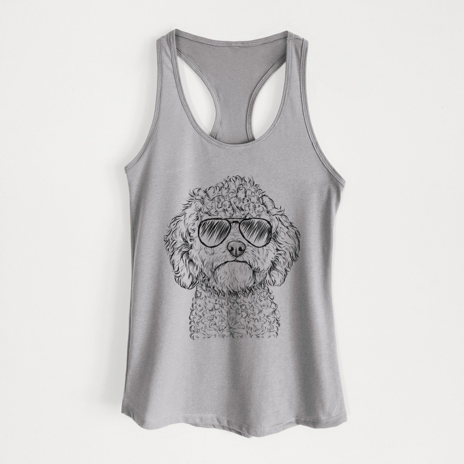 Hand-drawn sketch of Edgar the Shihpoo wearing aviator sunglasses on a Heather Grey Women's racerback tanktop