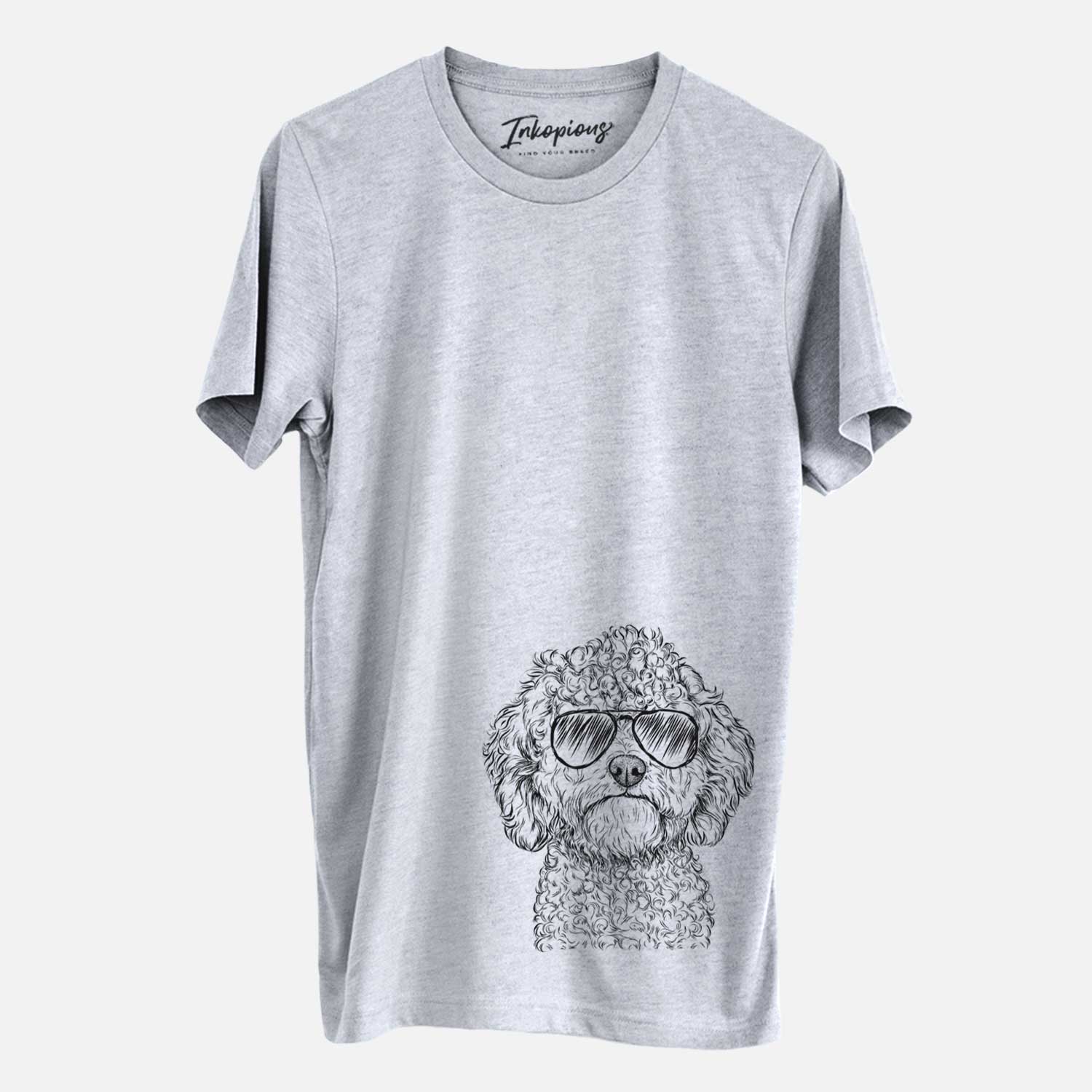 Hand-drawn sketch of Edgar the Shihpoo wearing aviator sunglasses on a Grey Unisex crewneck