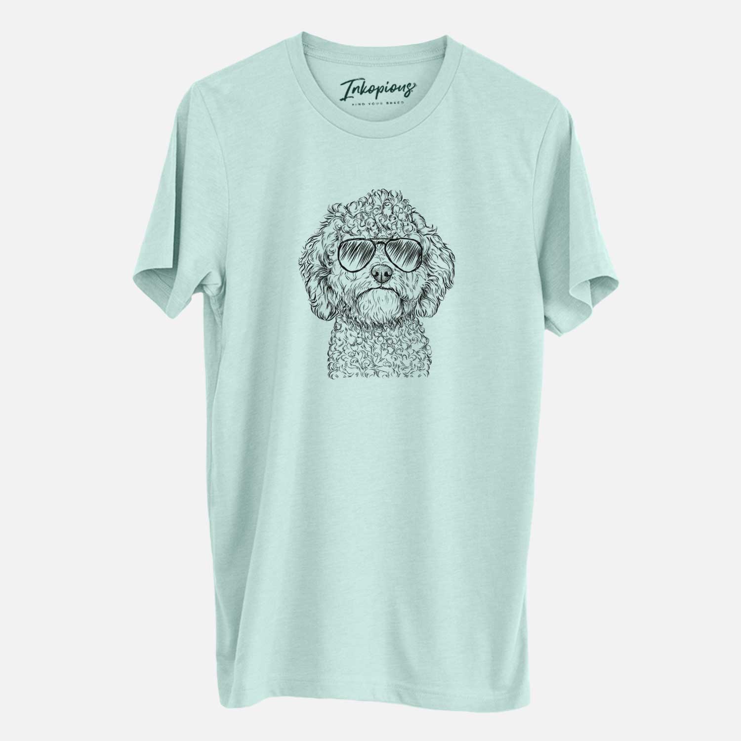 Hand-drawn sketch of Edgar the Shihpoo wearing aviator sunglasses on a Heather Sage Unisex crewneck