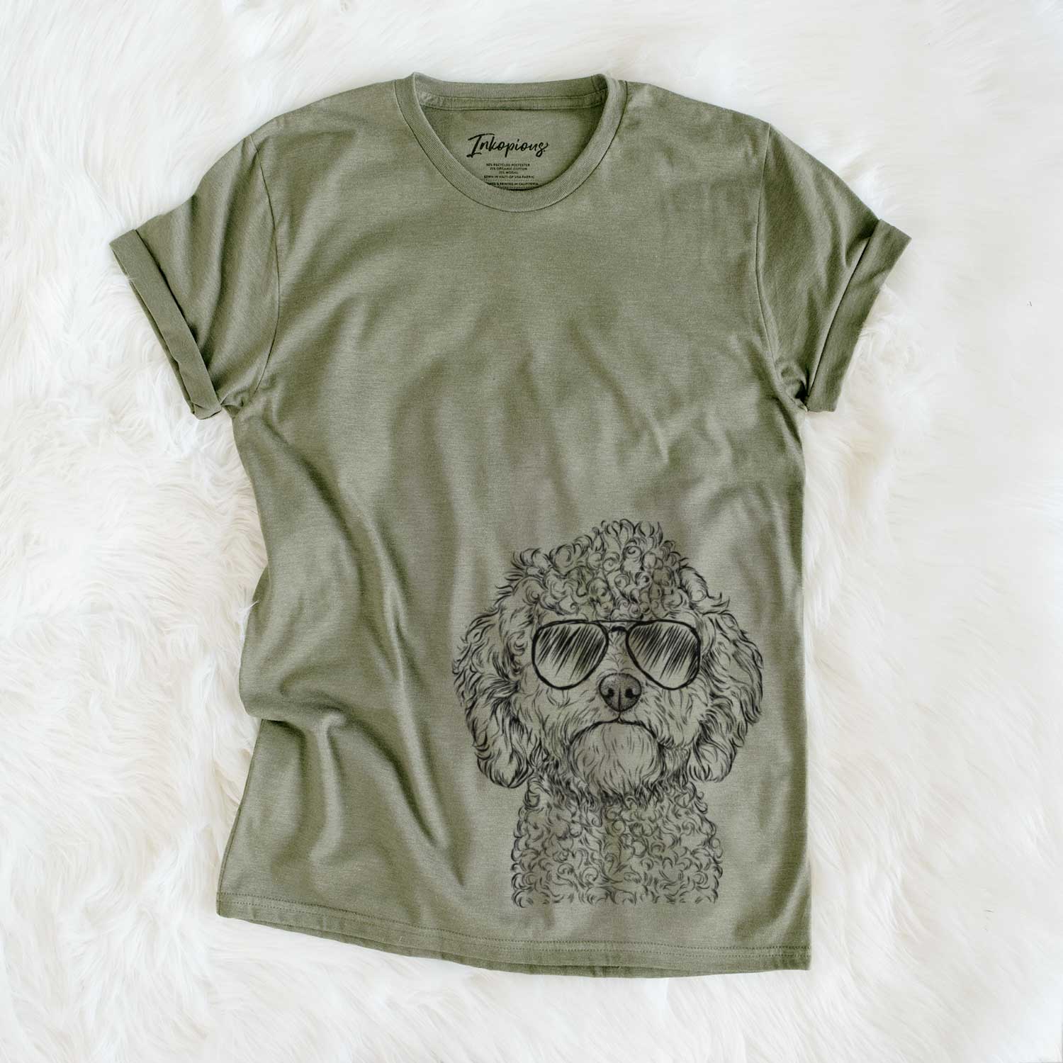 Hand-drawn sketch of Edgar the Shihpoo wearing aviator sunglasses on an Olive Unisex crewneck