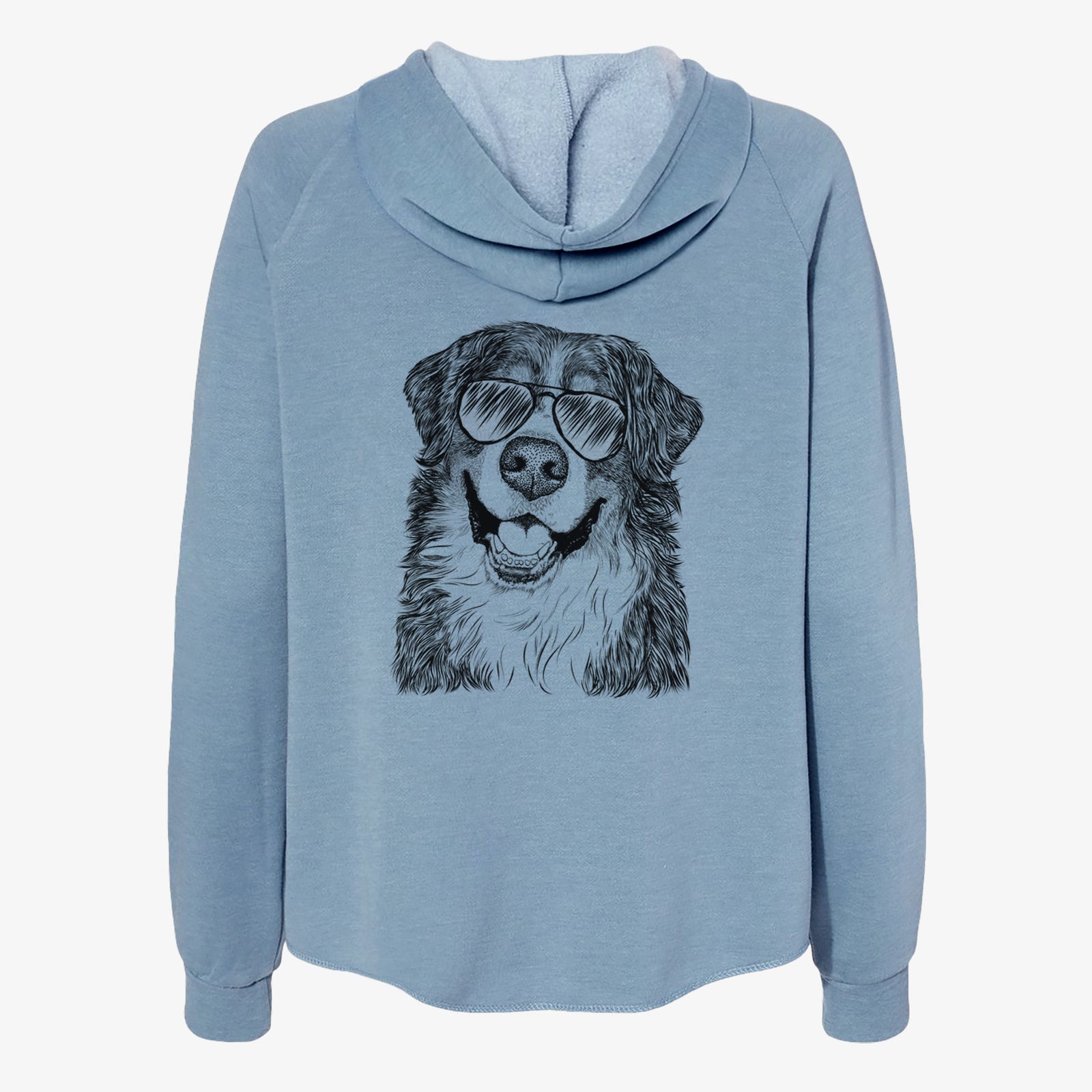 Hand-drawn sketch of Eiger the Bernese Mountain Dog wearing aviator sunglasses on a Misty Blue Women's cali wave zip-up sweatshirt