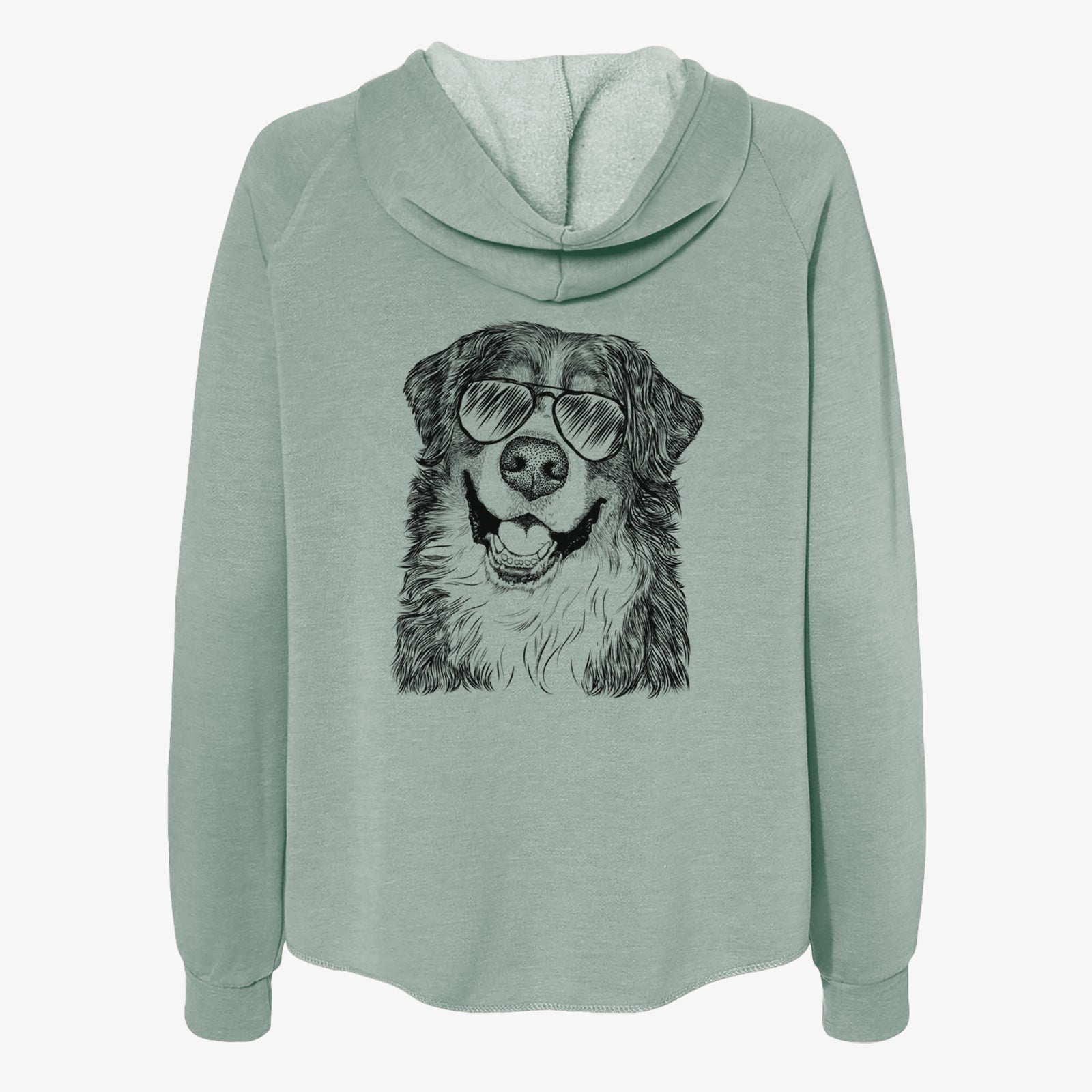 Hand-drawn sketch of Eiger the Bernese Mountain Dog wearing aviator sunglasses on a Sage Women's cali wave zip-up sweatshirt