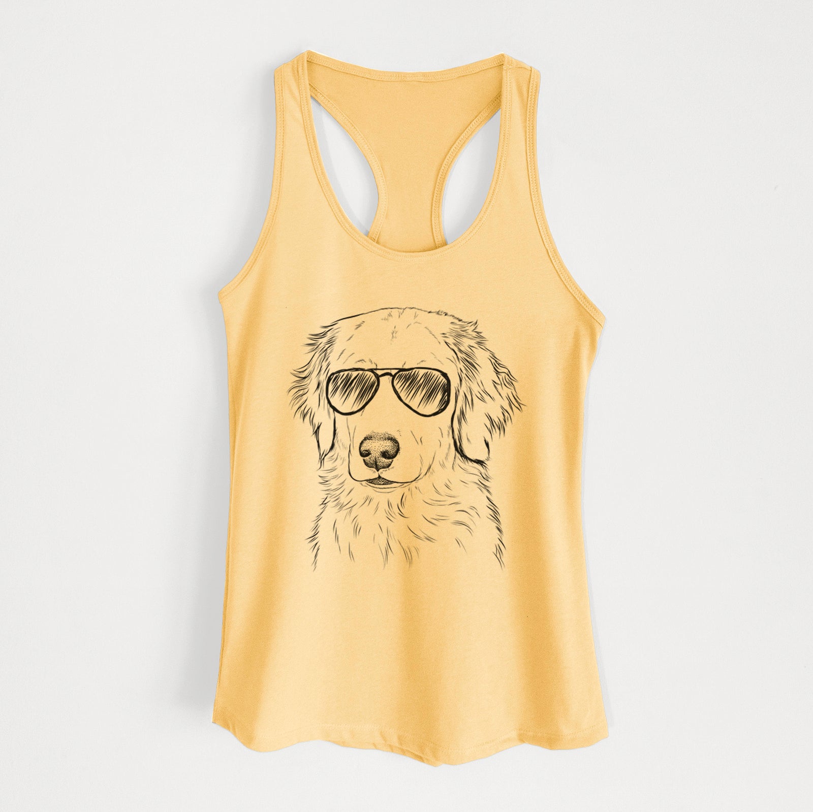 Hand-drawn sketch of Eli the Golden Retriever wearing aviator sunglasses on a Banana Cream Women's racerback tanktop