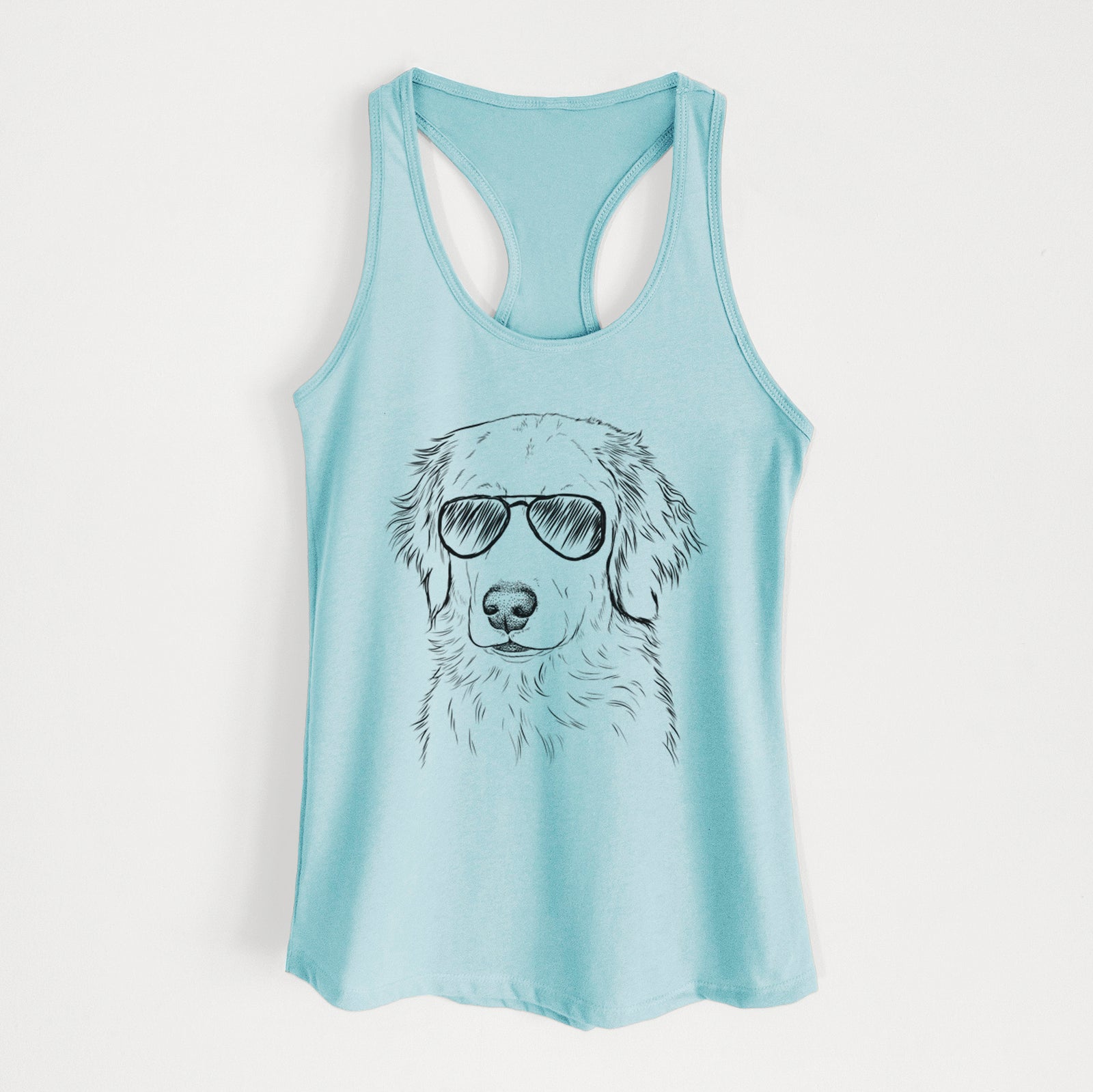 Hand-drawn sketch of Eli the Golden Retriever wearing aviator sunglasses on a Cancun Blue Women's racerback tanktop