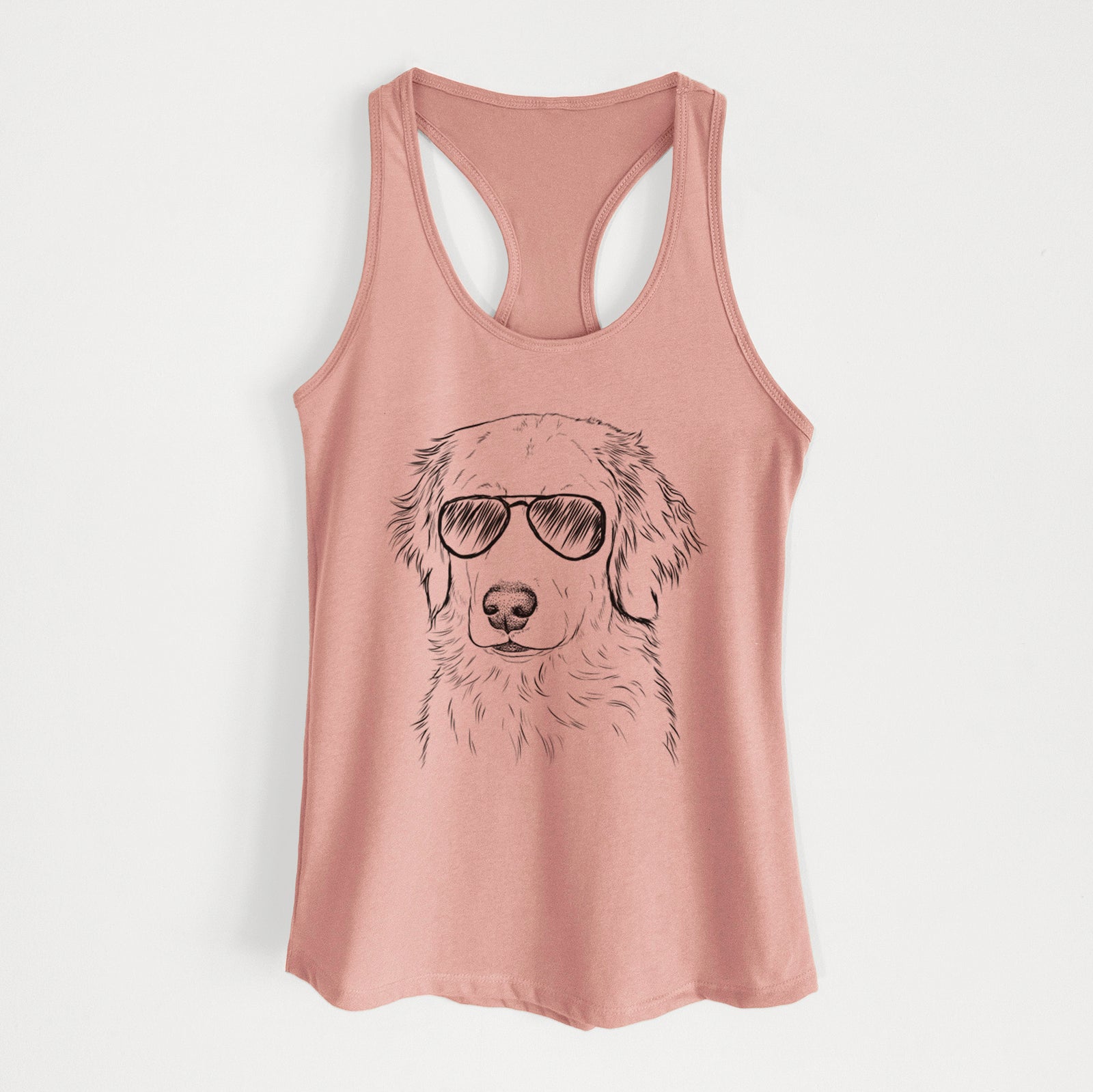Hand-drawn sketch of Eli the Golden Retriever wearing aviator sunglasses on a Desert Pink Women's racerback tanktop