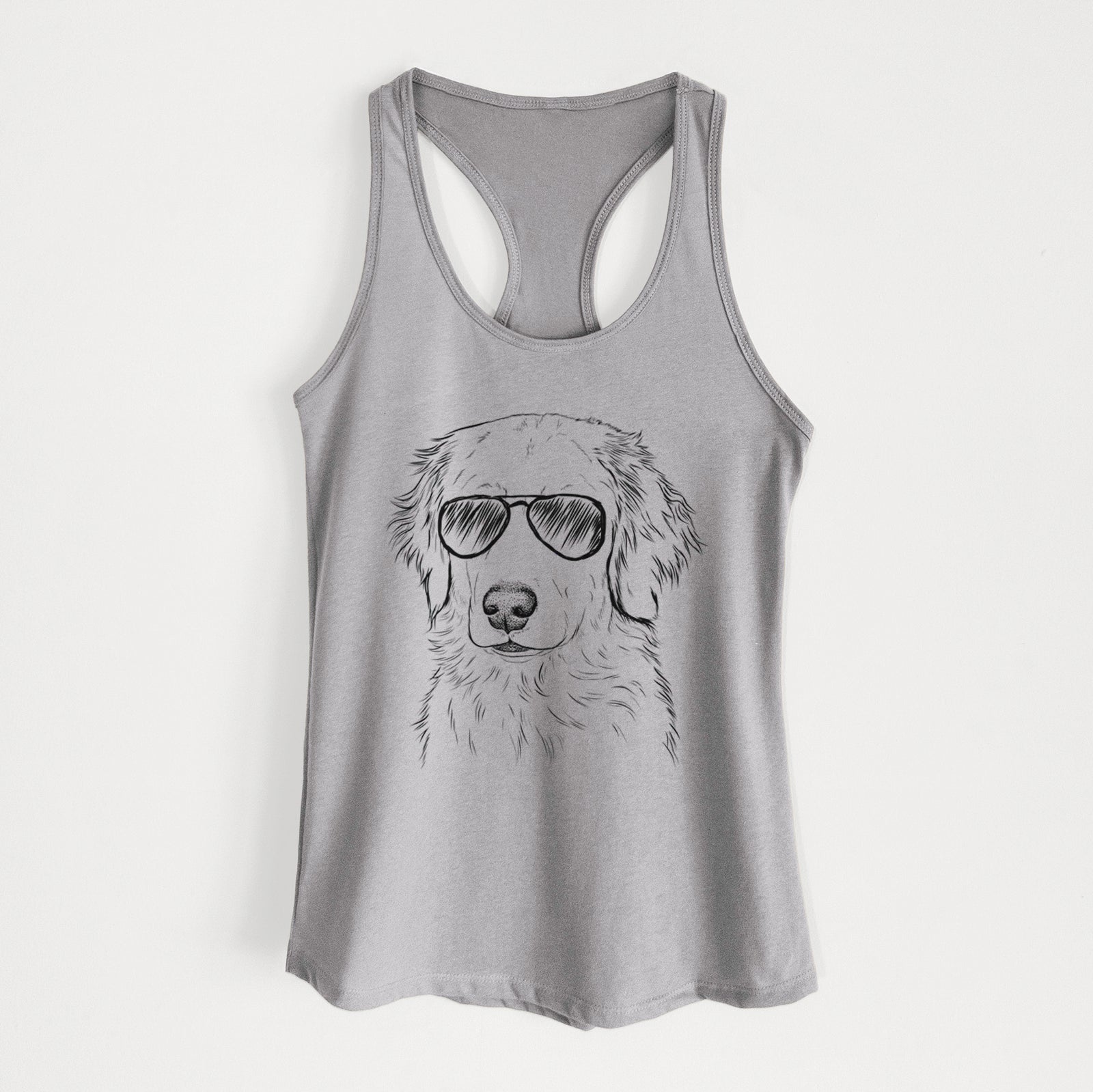 Hand-drawn sketch of Eli the Golden Retriever wearing aviator sunglasses on a Heather Grey Women's racerback tanktop