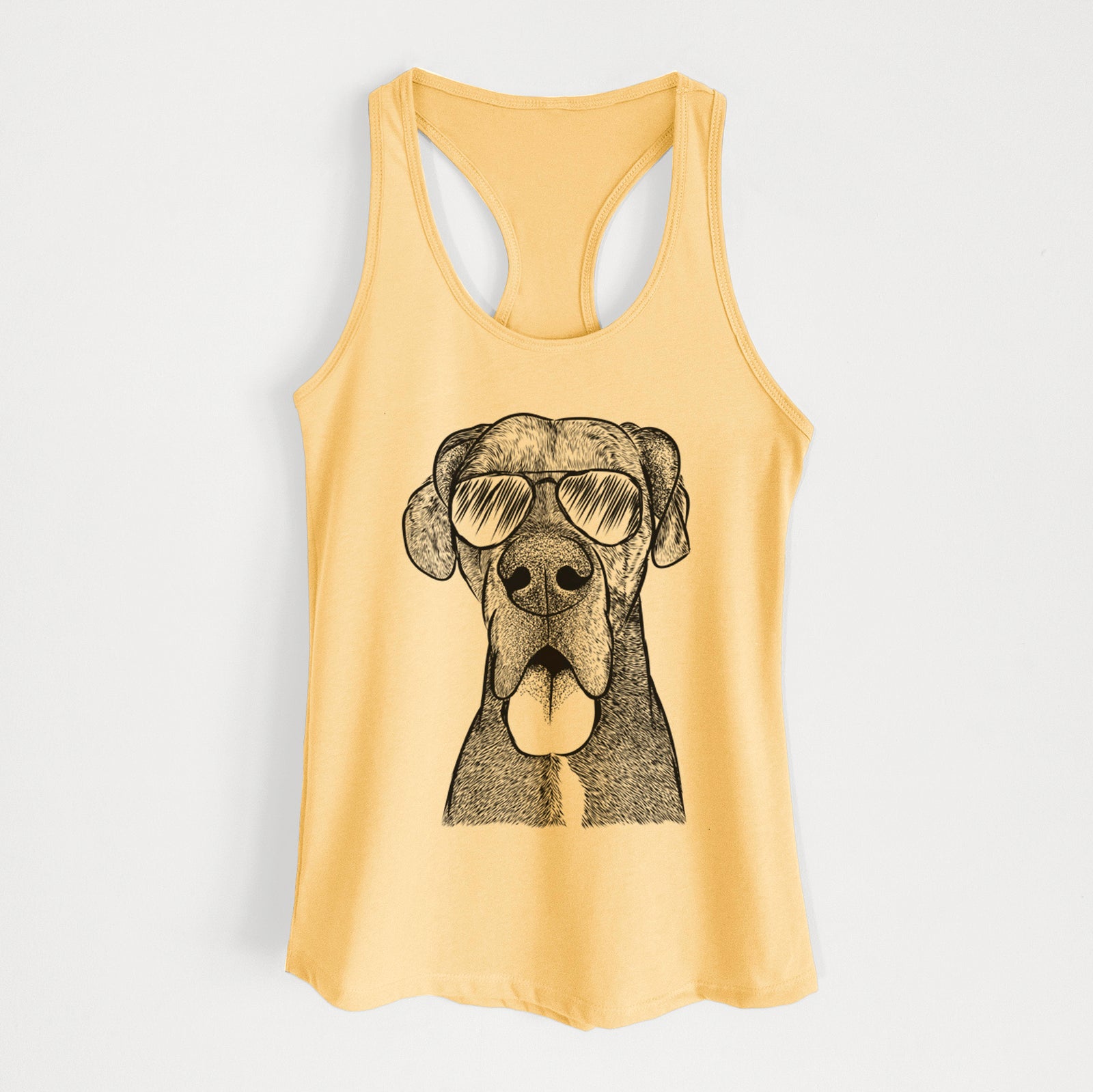 Hand-drawn sketch of Eli the Great Dane wearing aviator sunglasses on a Banana Cream Women's racerback tanktop
