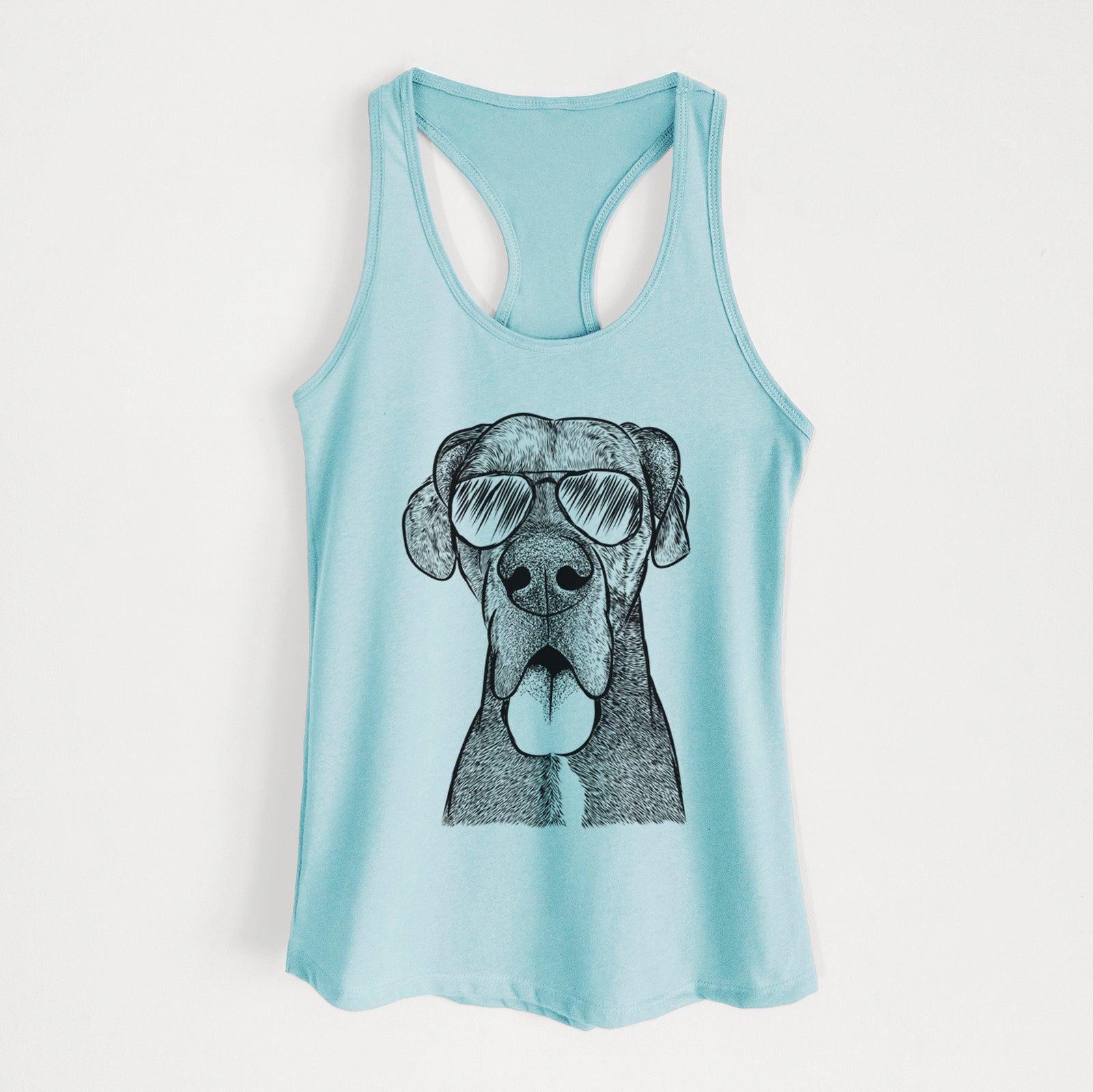 Hand-drawn sketch of Eli the Great Dane wearing aviator sunglasses on a Cancun Blue Women's racerback tanktop