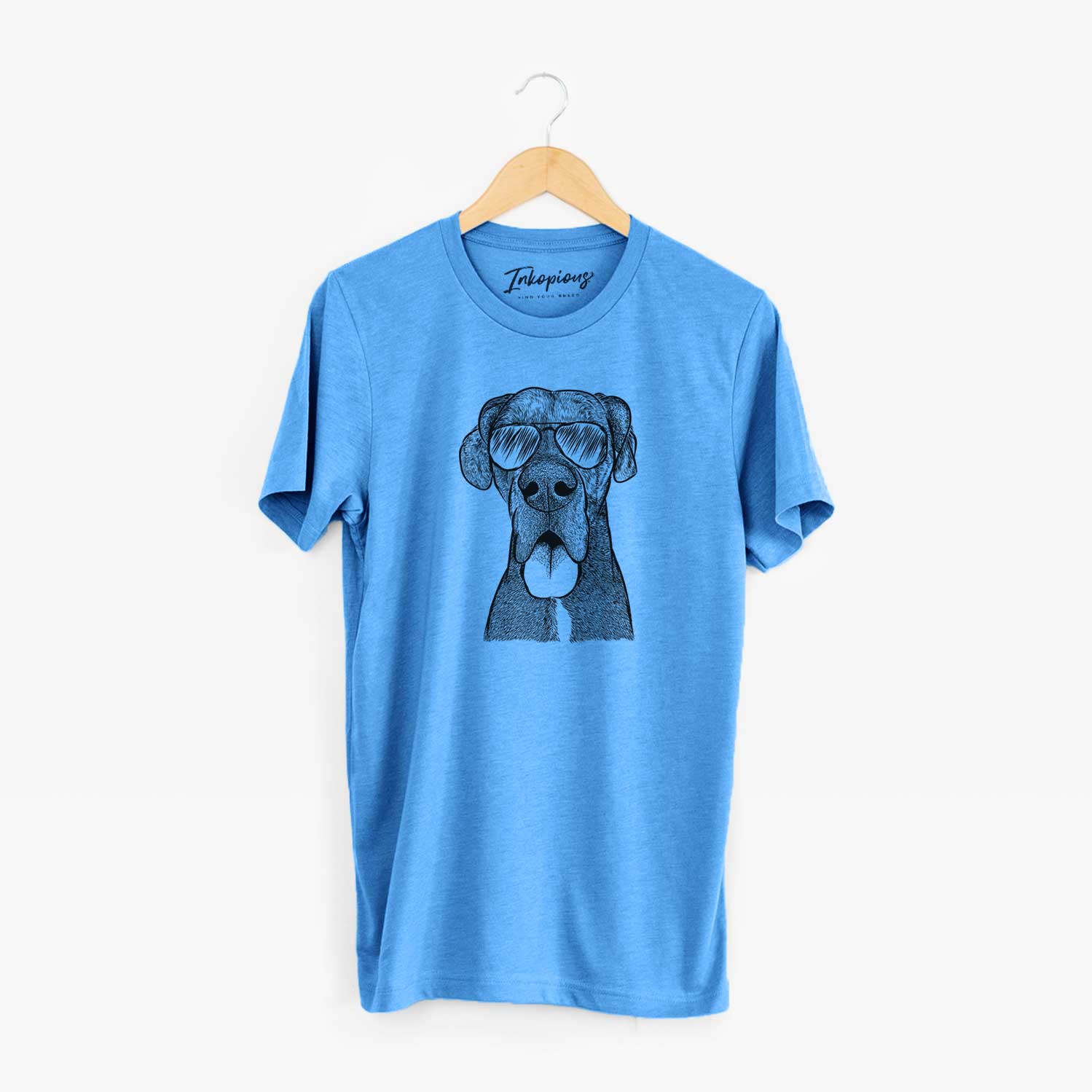 Hand-drawn sketch of Eli the Great Dane wearing aviator sunglasses on a Blue Unisex crewneck