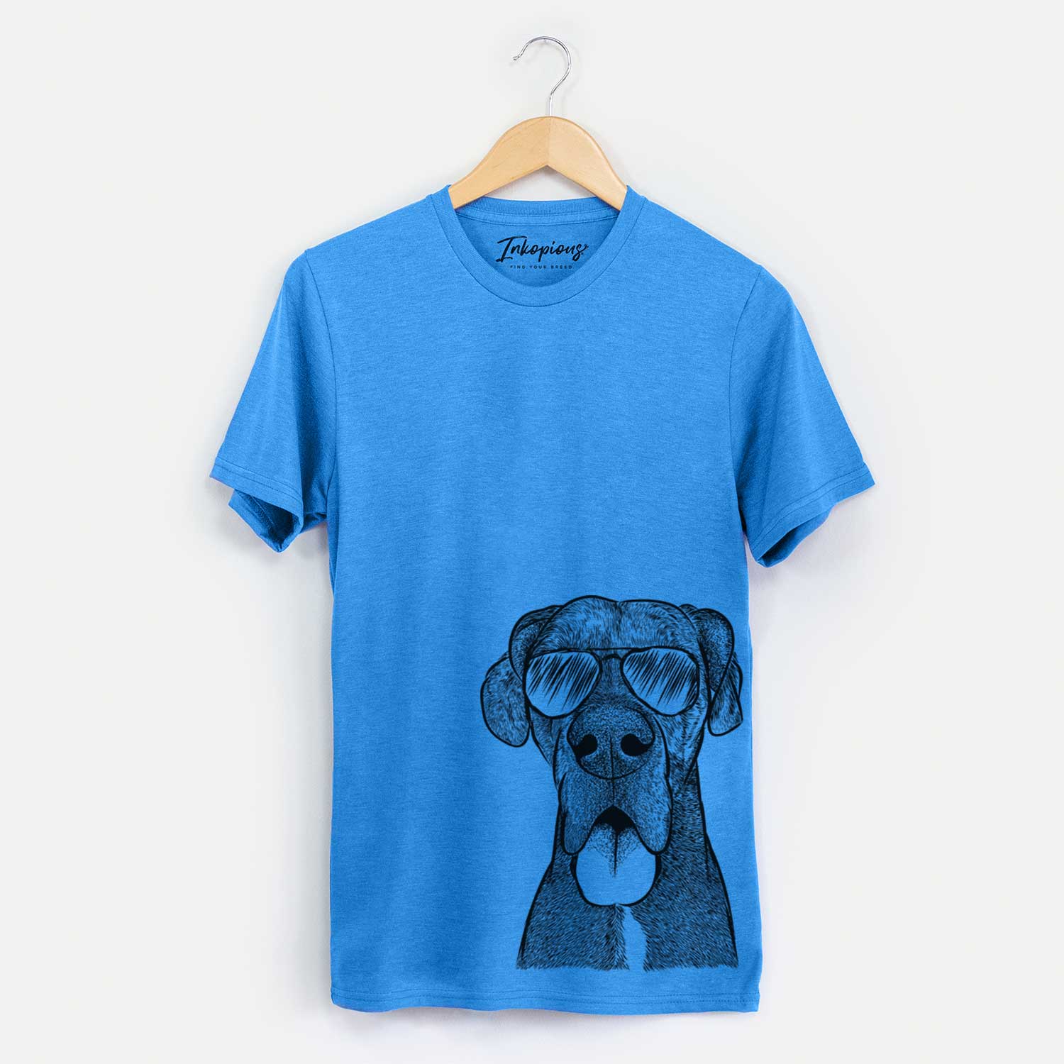 Hand-drawn sketch of Eli the Great Dane wearing aviator sunglasses on a Blue Unisex crewneck