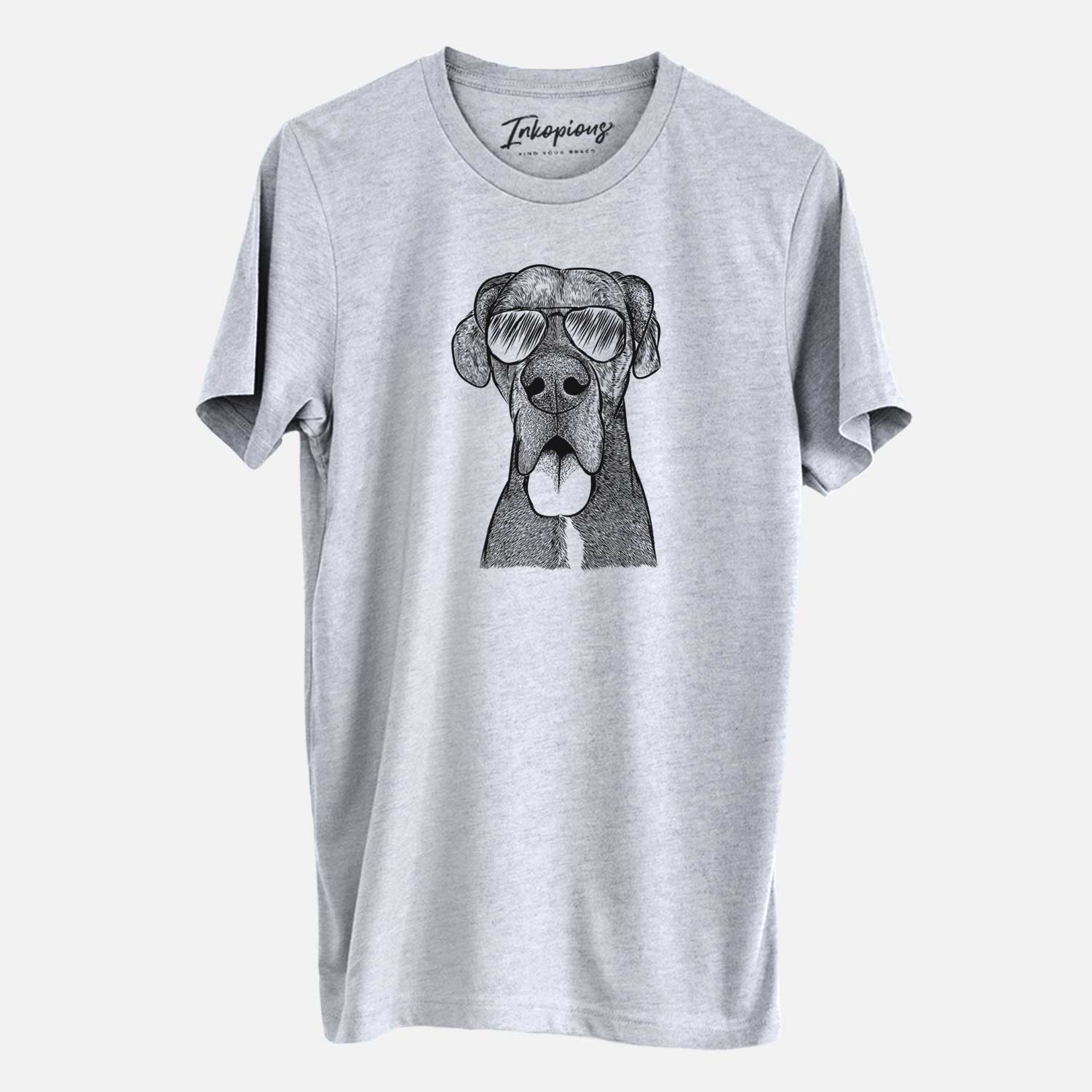 Hand-drawn sketch of Eli the Great Dane wearing aviator sunglasses on a Grey Unisex crewneck