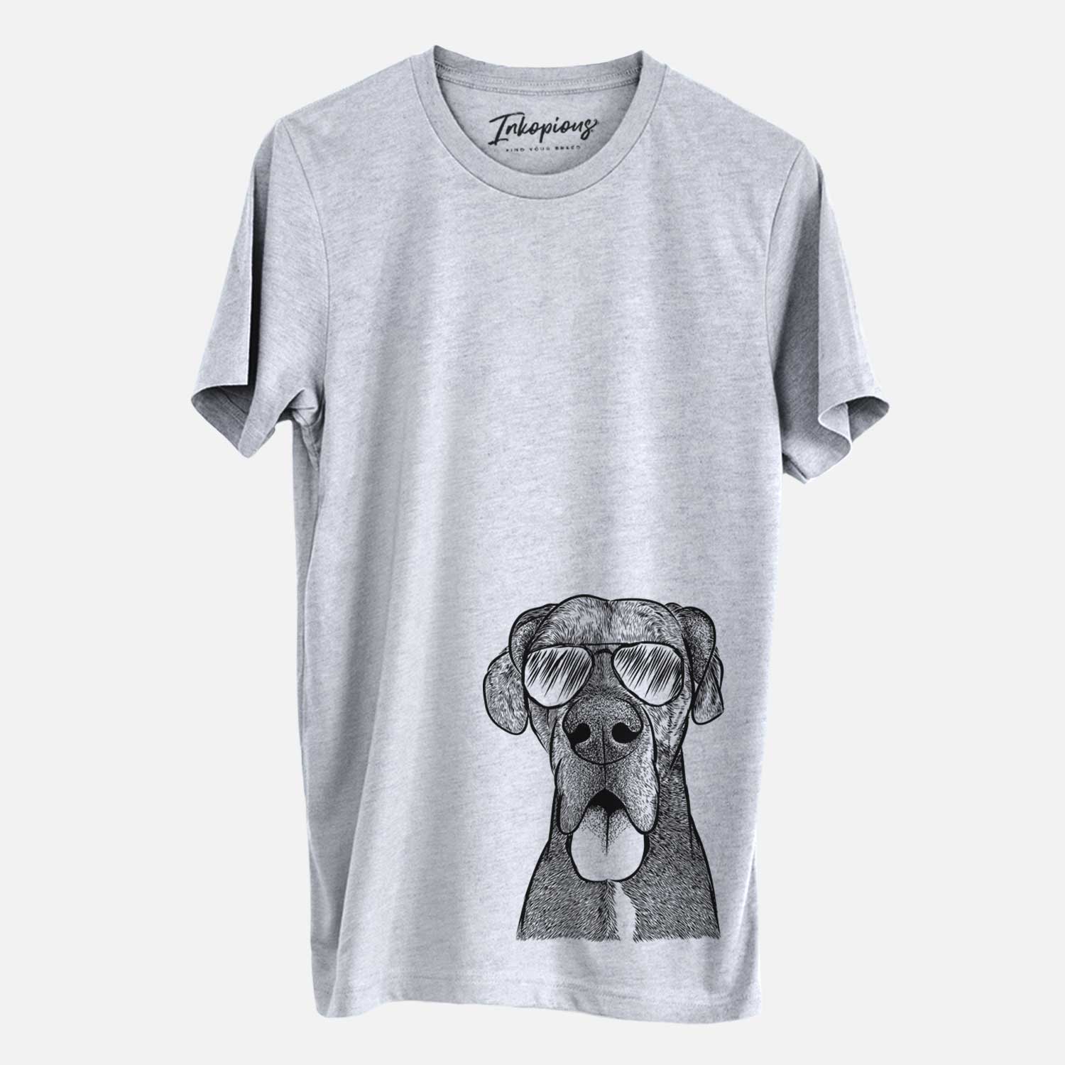 Hand-drawn sketch of Eli the Great Dane wearing aviator sunglasses on a Grey Unisex crewneck