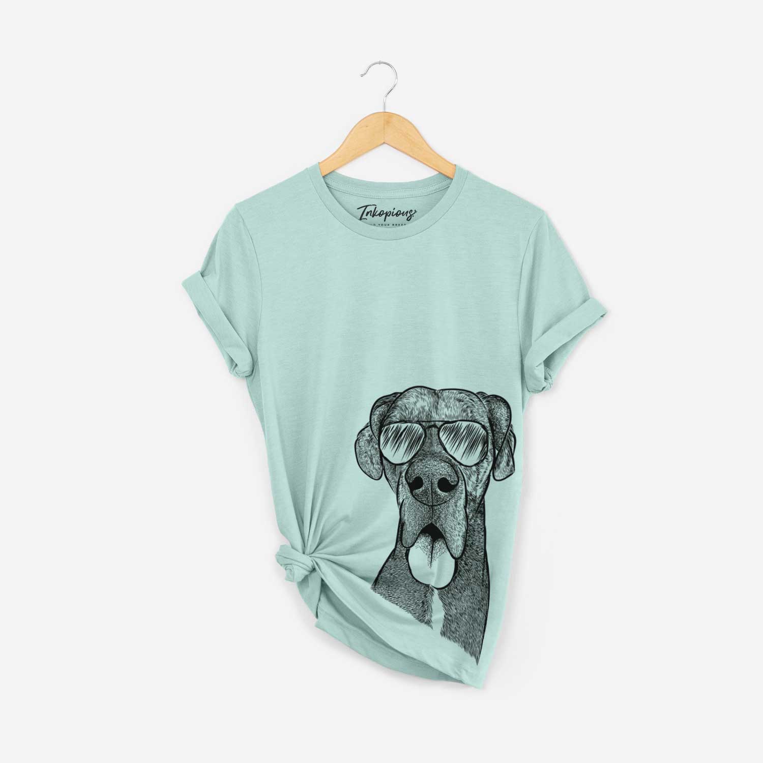 Hand-drawn sketch of Eli the Great Dane wearing aviator sunglasses on a Heather Sage Bella Canvas Unisex Crewneck