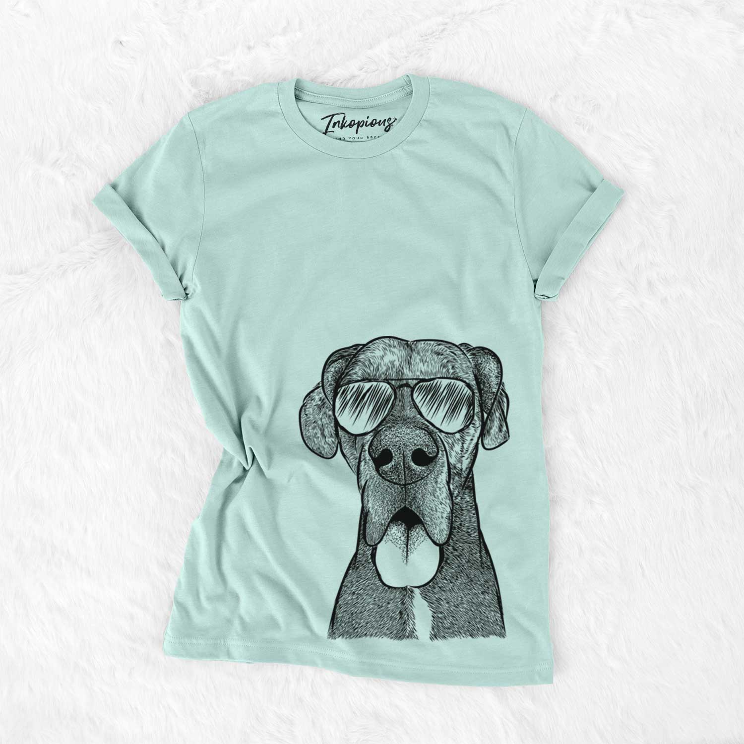 Hand-drawn sketch of Eli the Great Dane wearing aviator sunglasses on a Heather Sage Unisex crewneck
