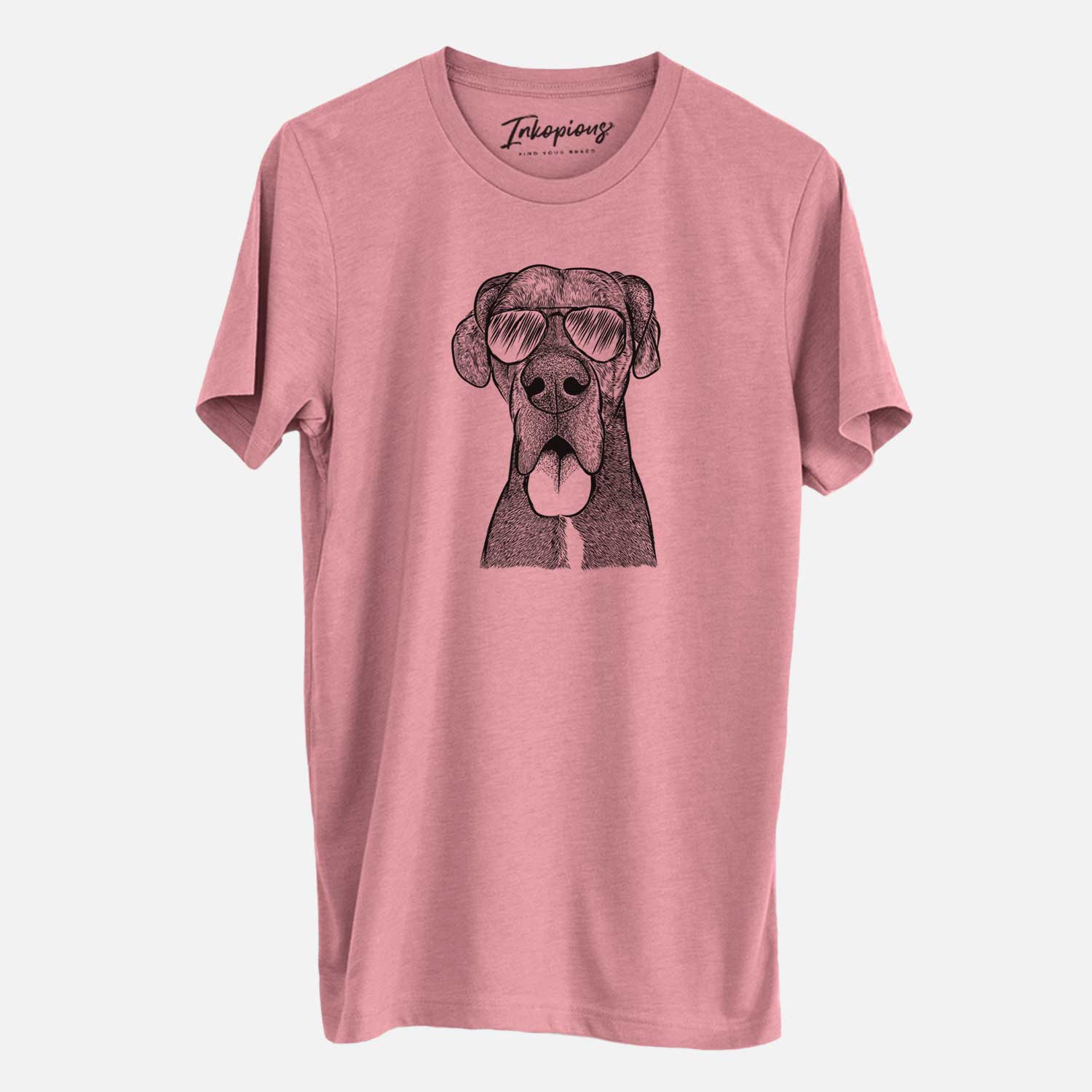 Hand-drawn sketch of Eli the Great Dane wearing aviator sunglasses on a Mauve Unisex crewneck