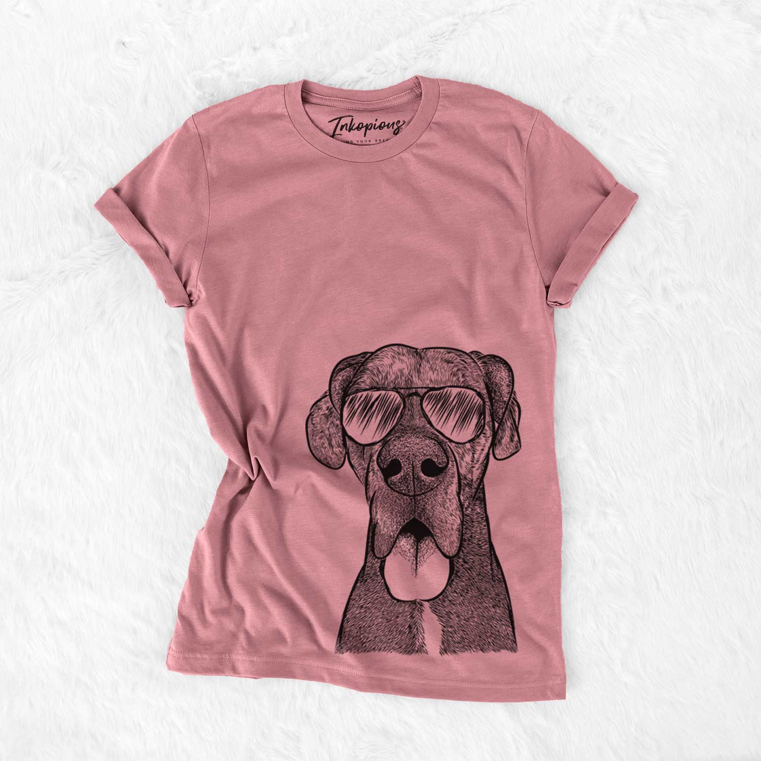 Hand-drawn sketch of Eli the Great Dane wearing aviator sunglasses on a Mauve Unisex crewneck