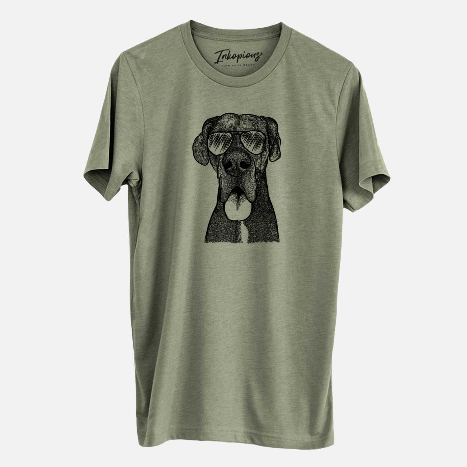 Hand-drawn sketch of Eli the Great Dane wearing aviator sunglasses on an Olive Unisex crewneck