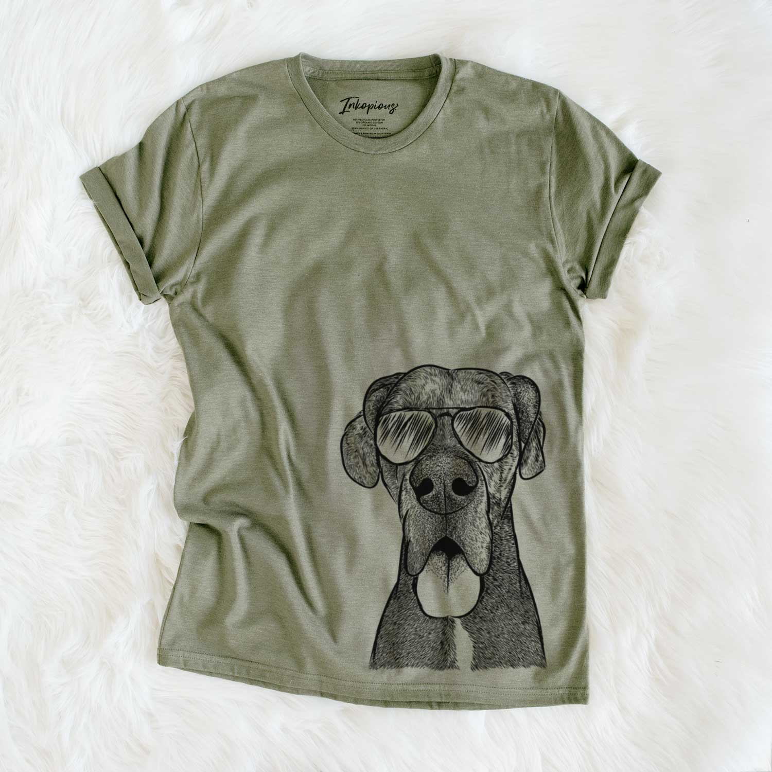 Hand-drawn sketch of Eli the Great Dane wearing aviator sunglasses on an Olive Unisex crewneck