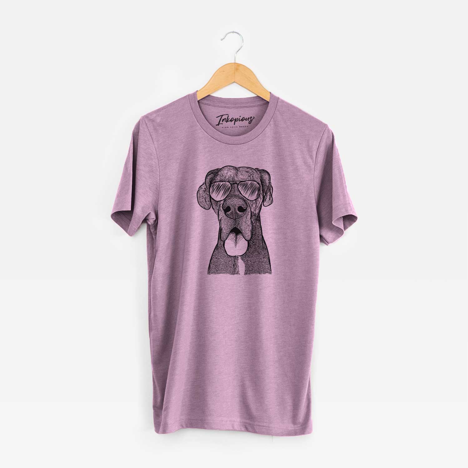 Hand-drawn sketch of Eli the Great Dane wearing aviator sunglasses on an Orchid Unisex crewneck