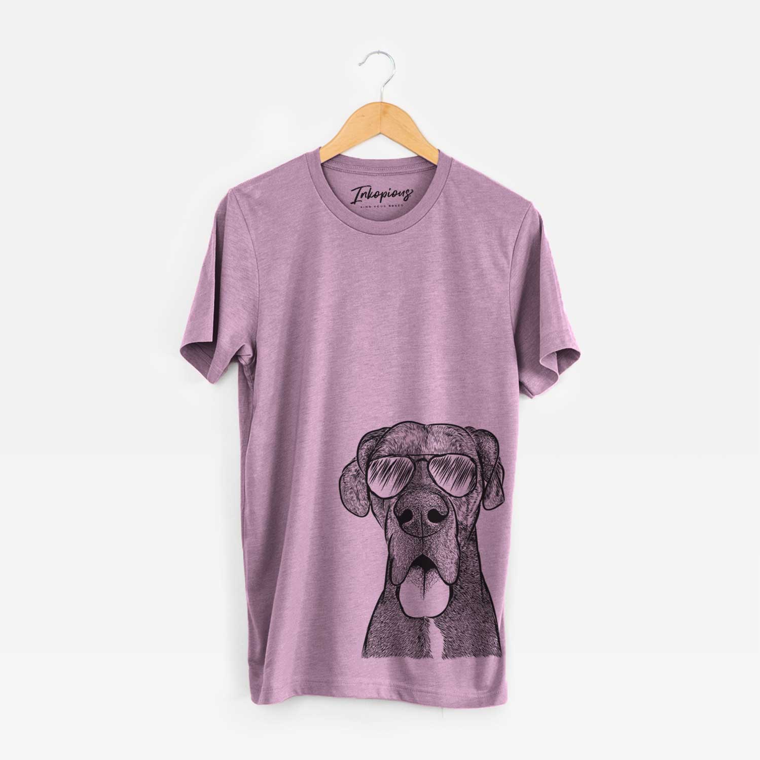 Hand-drawn sketch of Eli the Great Dane wearing aviator sunglasses on an Orchid Unisex crewneck