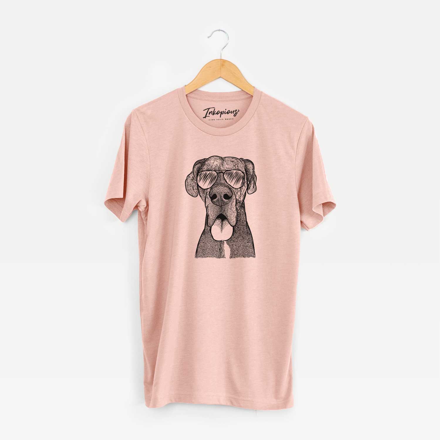 Hand-drawn sketch of Eli the Great Dane wearing aviator sunglasses on a Peach Unisex crewneck
