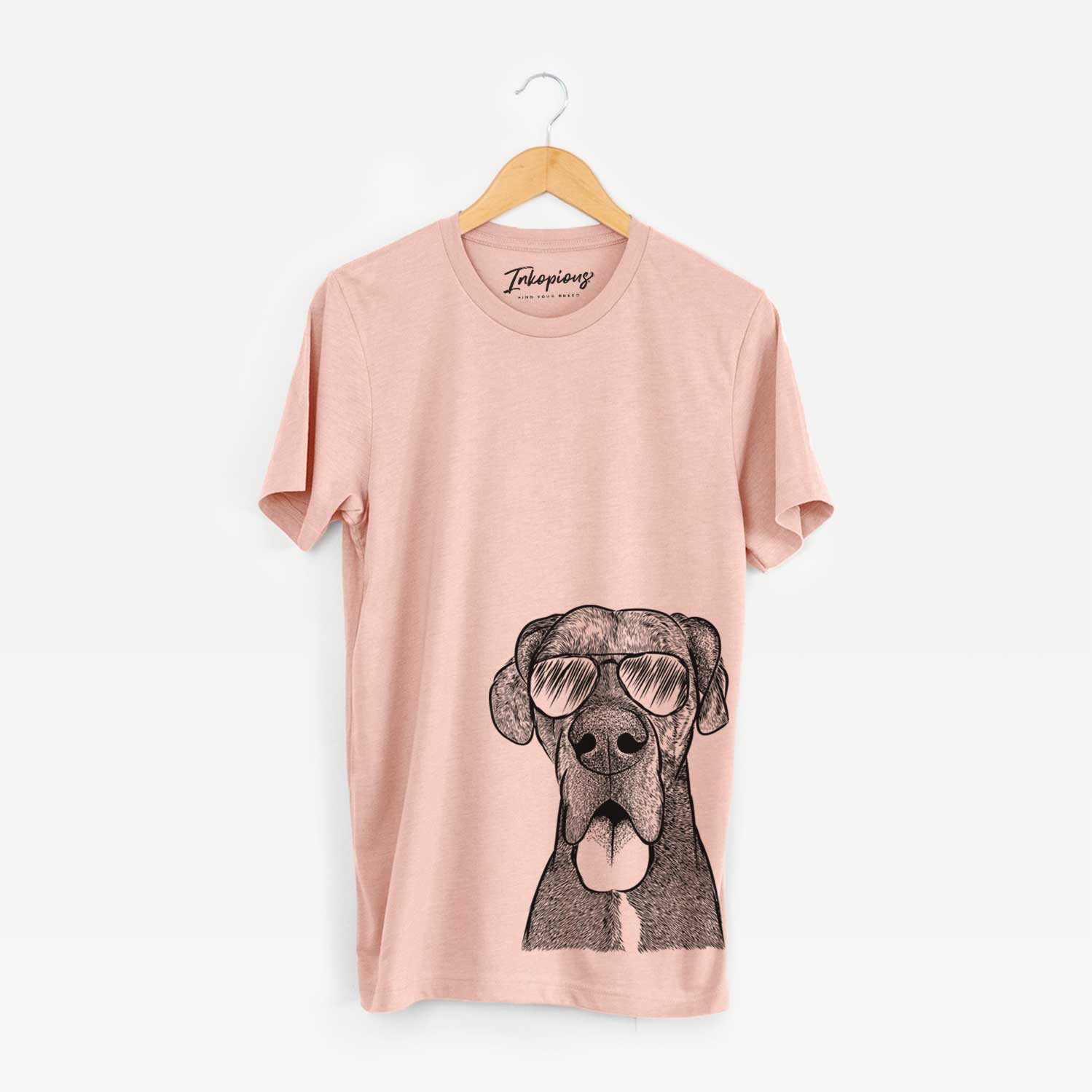 Hand-drawn sketch of Eli the Great Dane wearing aviator sunglasses on a Peach Bella Canvas Unisex Crewneck