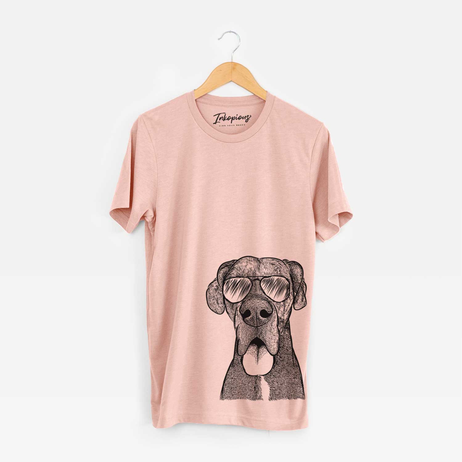 Hand-drawn sketch of Eli the Great Dane wearing aviator sunglasses on a Peach Unisex crewneck