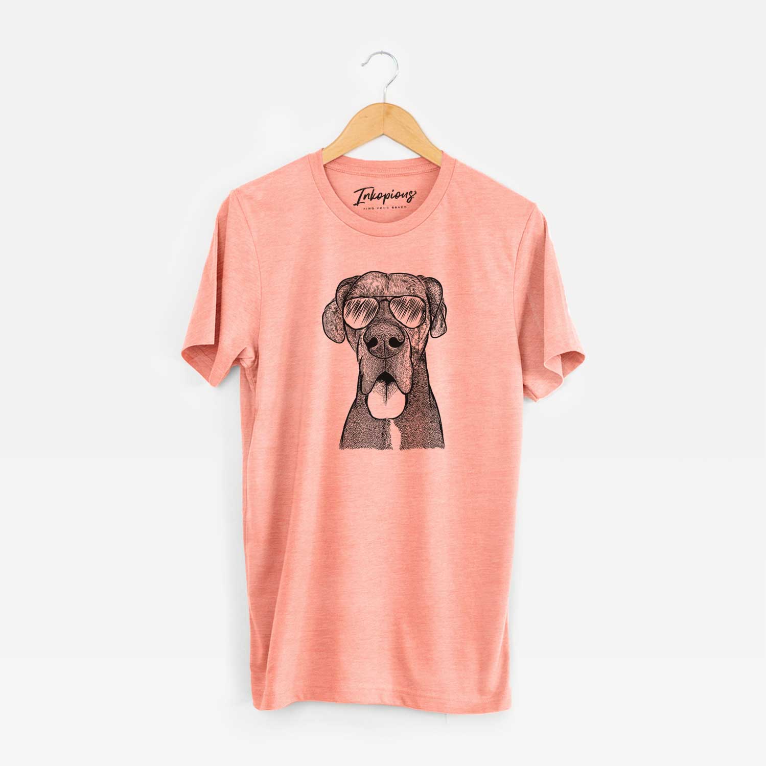 Hand-drawn sketch of Eli the Great Dane wearing aviator sunglasses on a Sunset Unisex crewneck