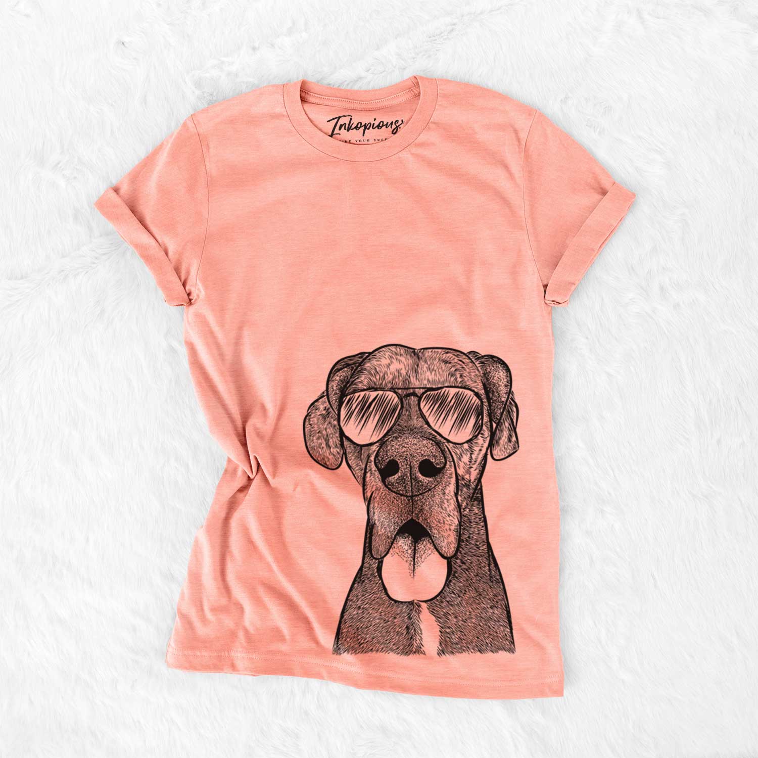 Hand-drawn sketch of Eli the Great Dane wearing aviator sunglasses on a Sunset Bella Canvas Unisex Crewneck