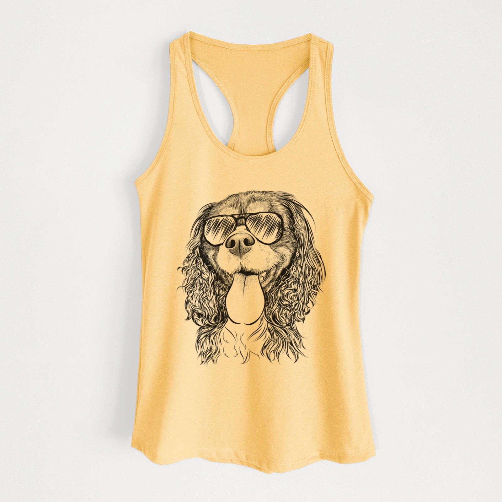 Hand-drawn sketch of Elizabeth the Cavalier King Charles Spaniel wearing aviator sunglasses on a Banana Cream Women's racerback tanktop