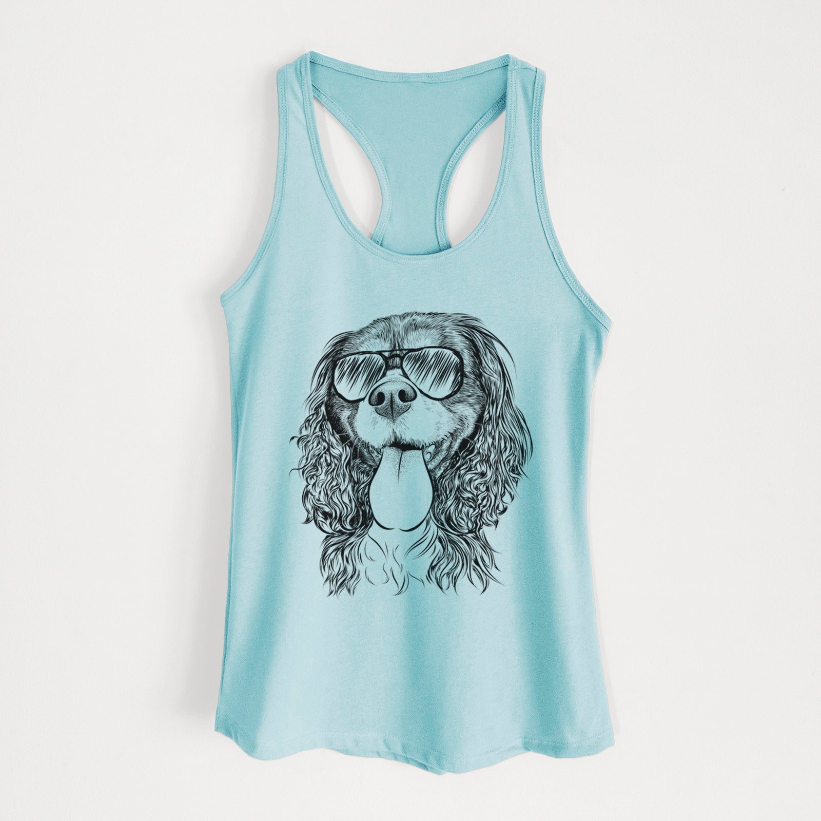 Hand-drawn sketch of Elizabeth the Cavalier King Charles Spaniel wearing aviator sunglasses on a Cancun Blue Women's racerback tanktop
