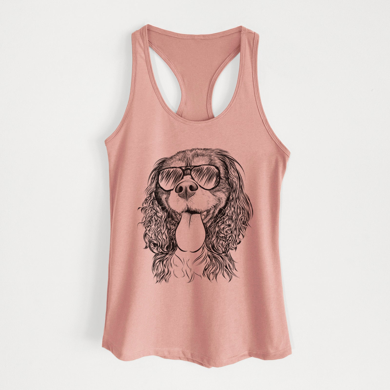 Hand-drawn sketch of Elizabeth the Cavalier King Charles Spaniel wearing aviator sunglasses on a Desert Pink Women's racerback tanktop