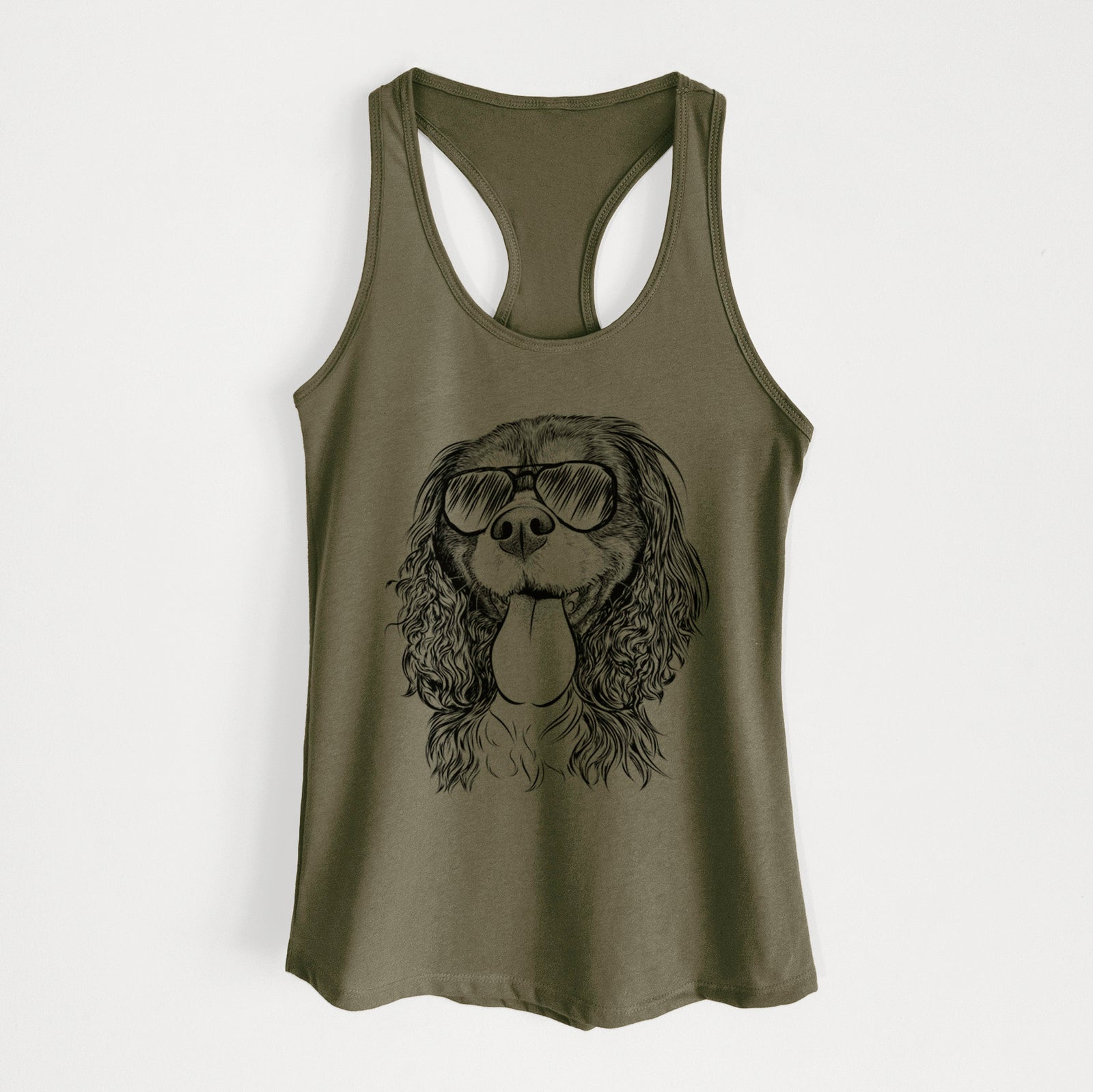 Hand-drawn sketch of Elizabeth the Cavalier King Charles Spaniel wearing aviator sunglasses on a Military Green Women's racerback tanktop