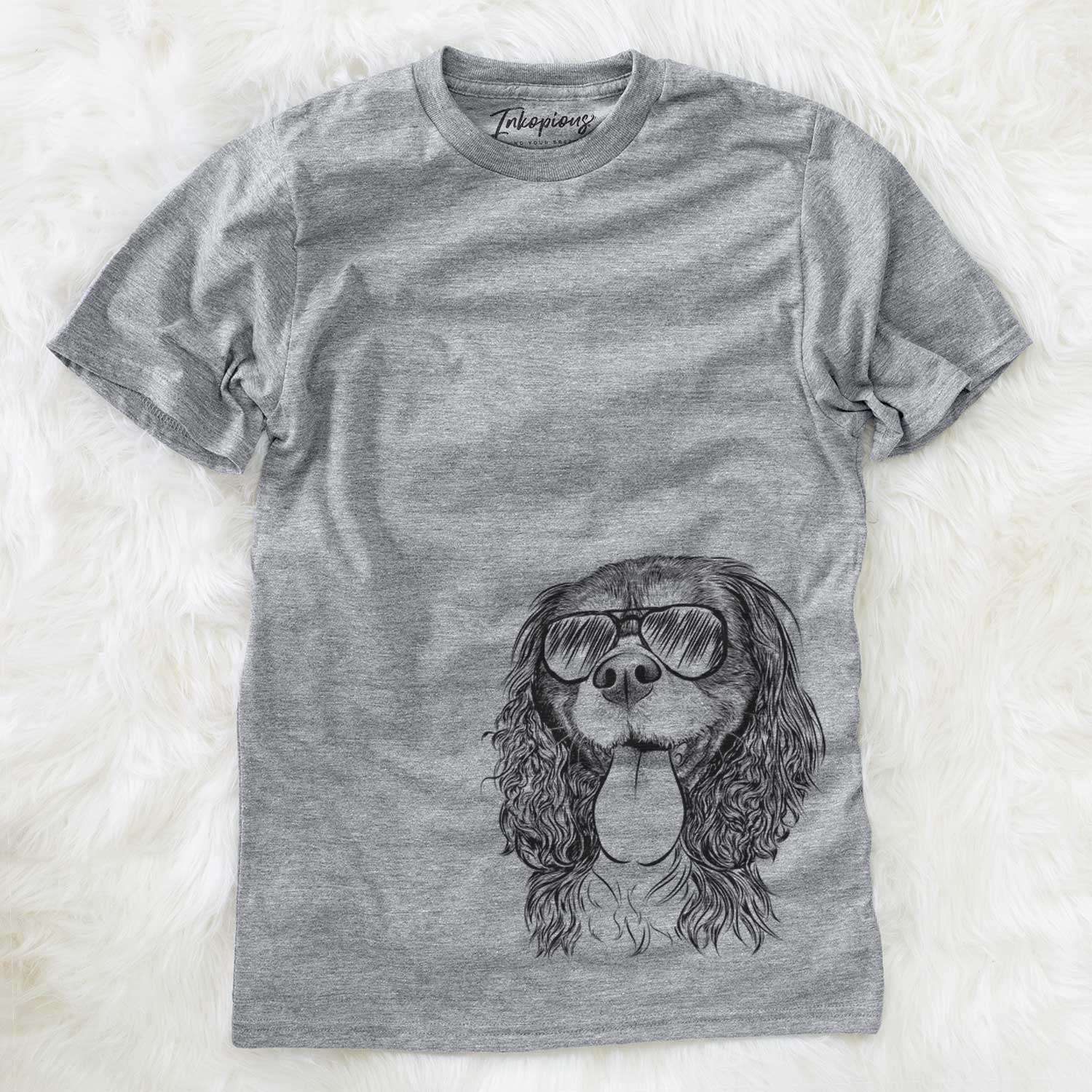 Hand-drawn sketch of Elizabeth the Cavalier King Charles Spaniel wearing aviator sunglasses on a Grey Unisex crewneck