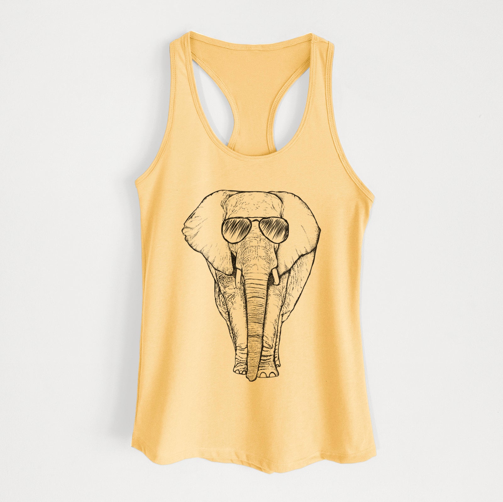 Hand-drawn sketch of Ella the Elephant wearing aviator sunglasses on a Banana Cream Women's racerback tanktop