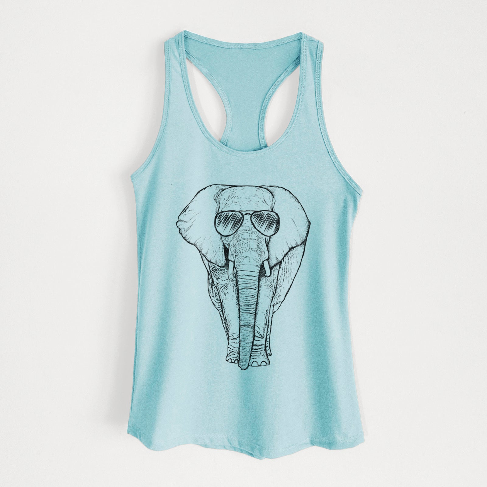 Hand-drawn sketch of Ella the Elephant wearing aviator sunglasses on a Cancun Blue Women's racerback tanktop