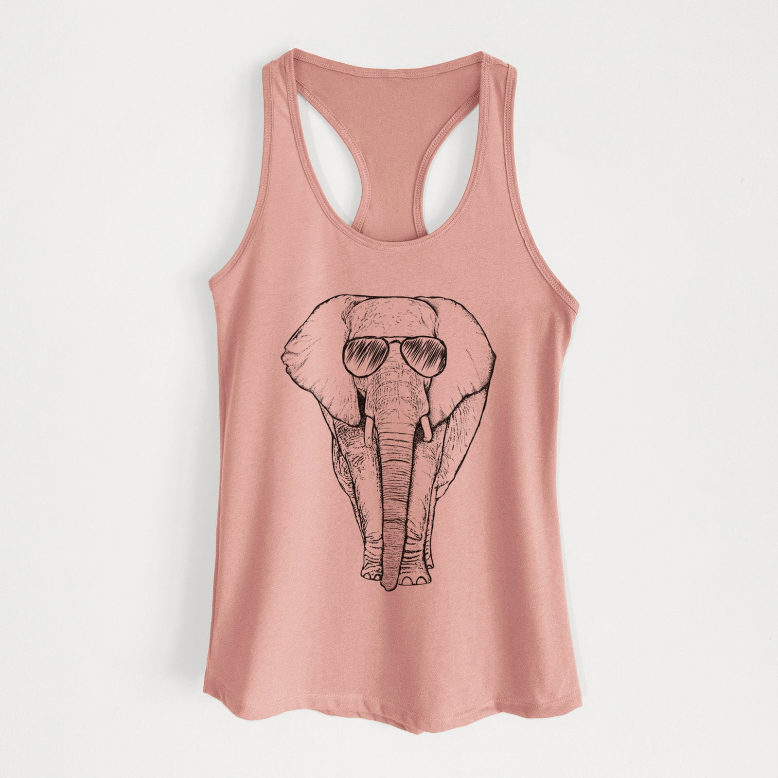Hand-drawn sketch of Ella the Elephant wearing aviator sunglasses on a Desert Pink Women's racerback tanktop