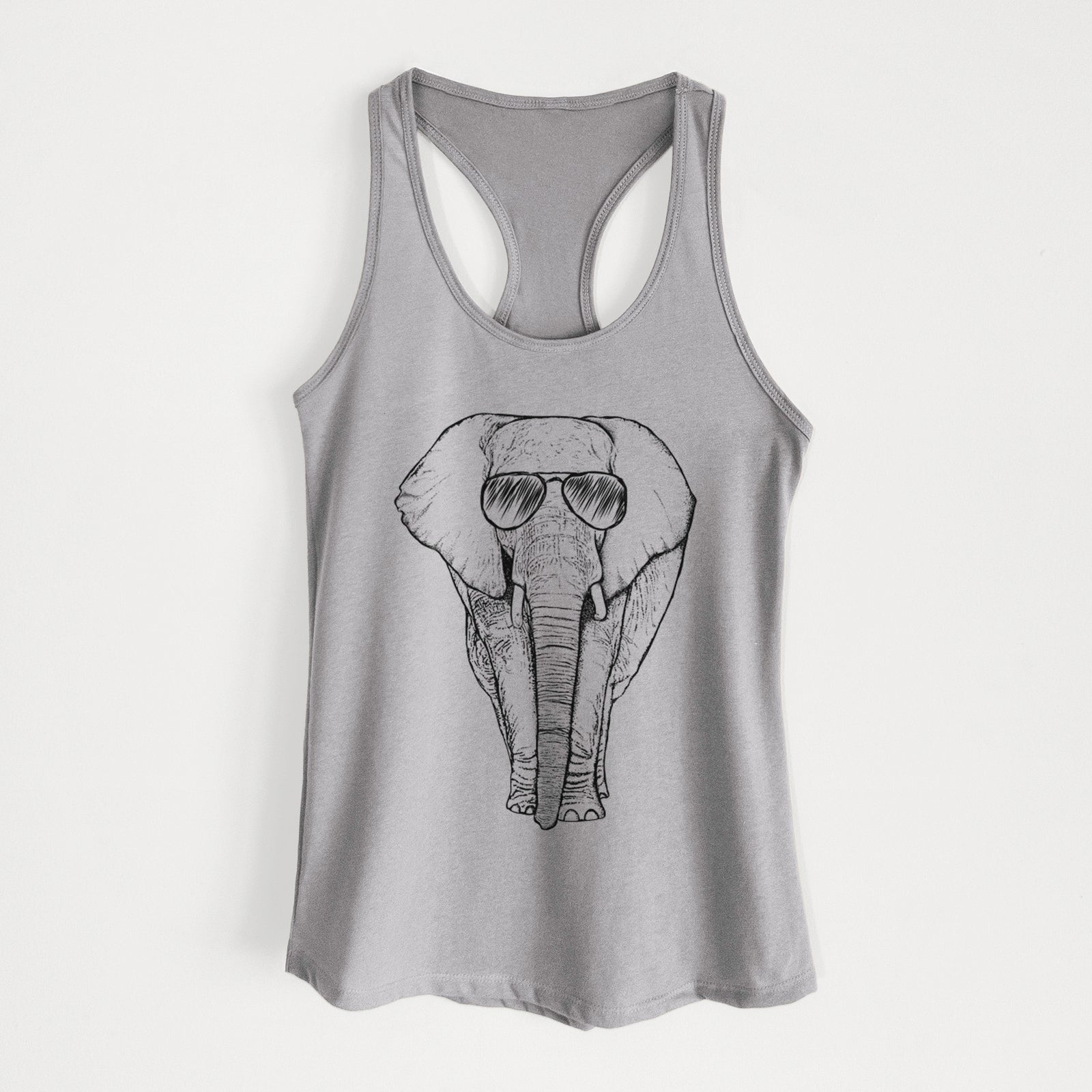 Hand-drawn sketch of Ella the Elephant wearing aviator sunglasses on a Heather Grey Women's racerback tanktop