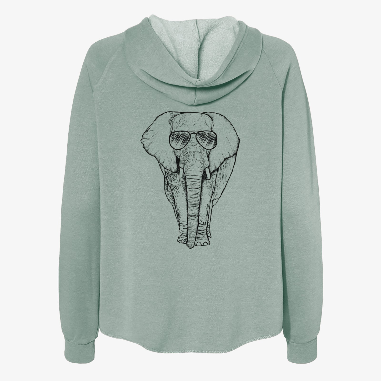 Hand-drawn sketch of Ella the Elephant wearing aviator sunglasses on a Sage Women's cali wave zip-up sweatshirt