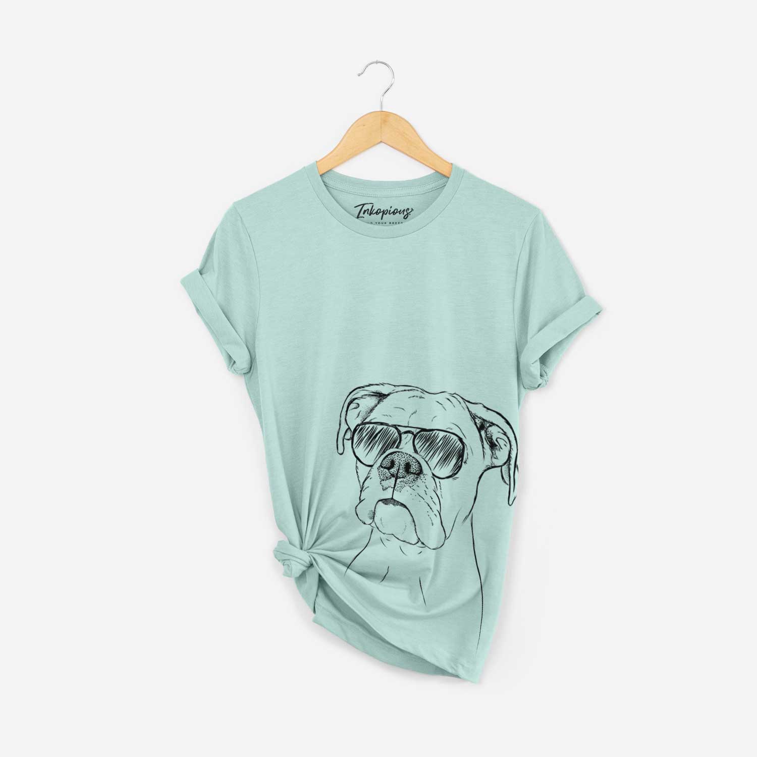 Hand-drawn sketch of Ellie the Boxer wearing aviator sunglasses on a Heather Sage Bella Canvas Unisex Crewneck